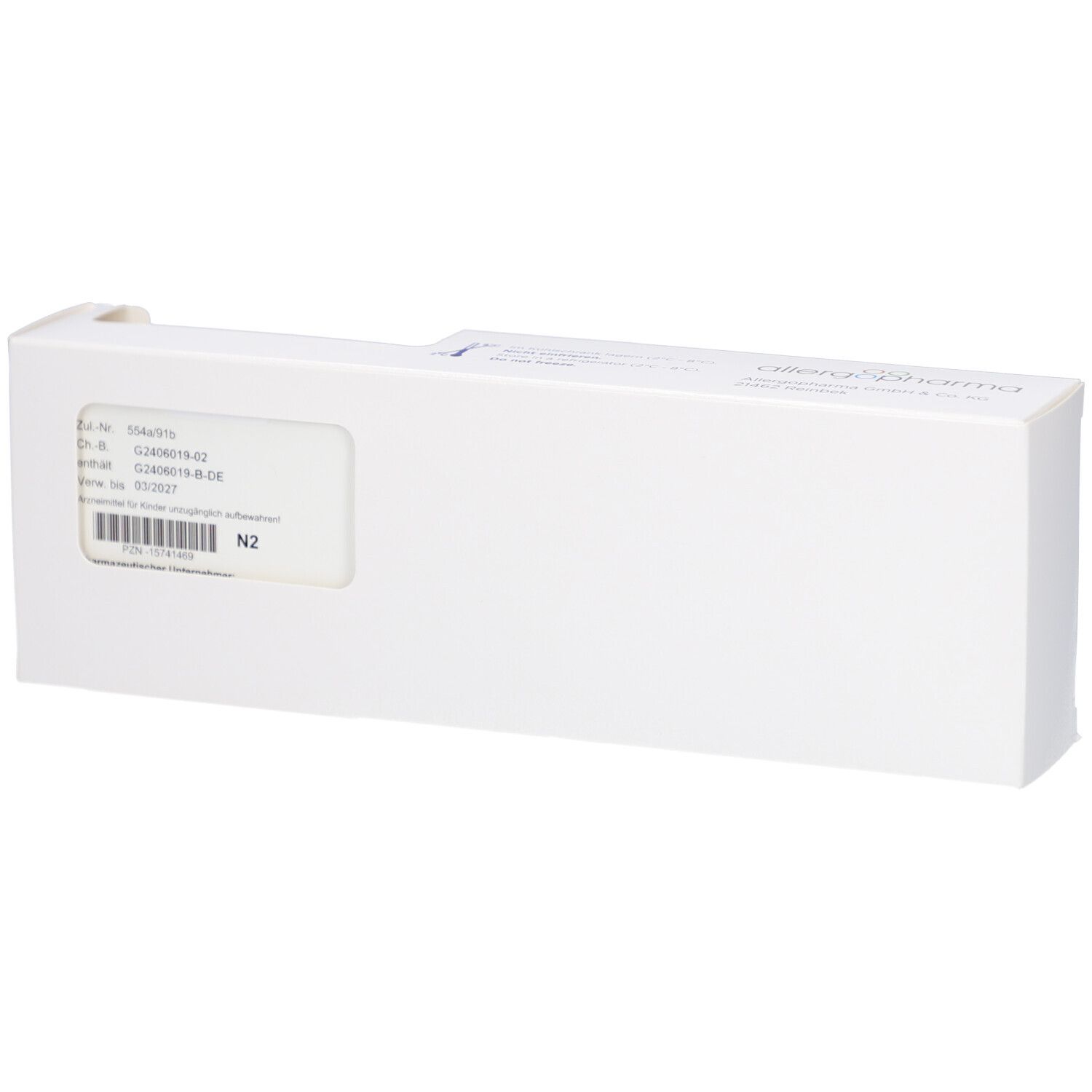 Weiße rechteckige Verpackung. Aufdruck mit Produktinformationen und Chargennummer. N2-Kennzeichnung.