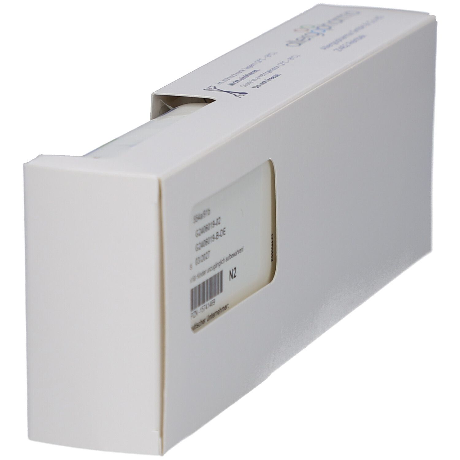 Weiße Verpackung, teilweise geöffnet. Produktinformationen und Chargennummer sichtbar. N2-Kennzeichnung.