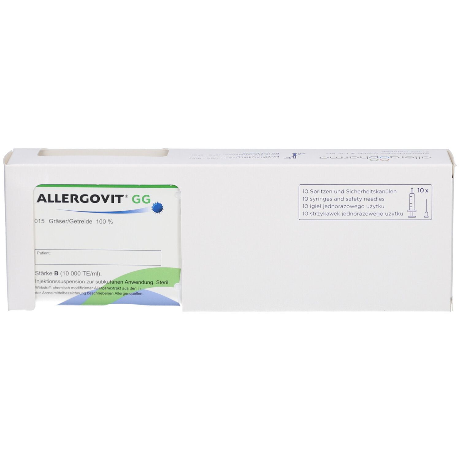Weiße Verpackung mit Produktinformationen. Aufschrift ALLERGOVIT GG. Enthält Spritzen und Sicherheitskanülen.