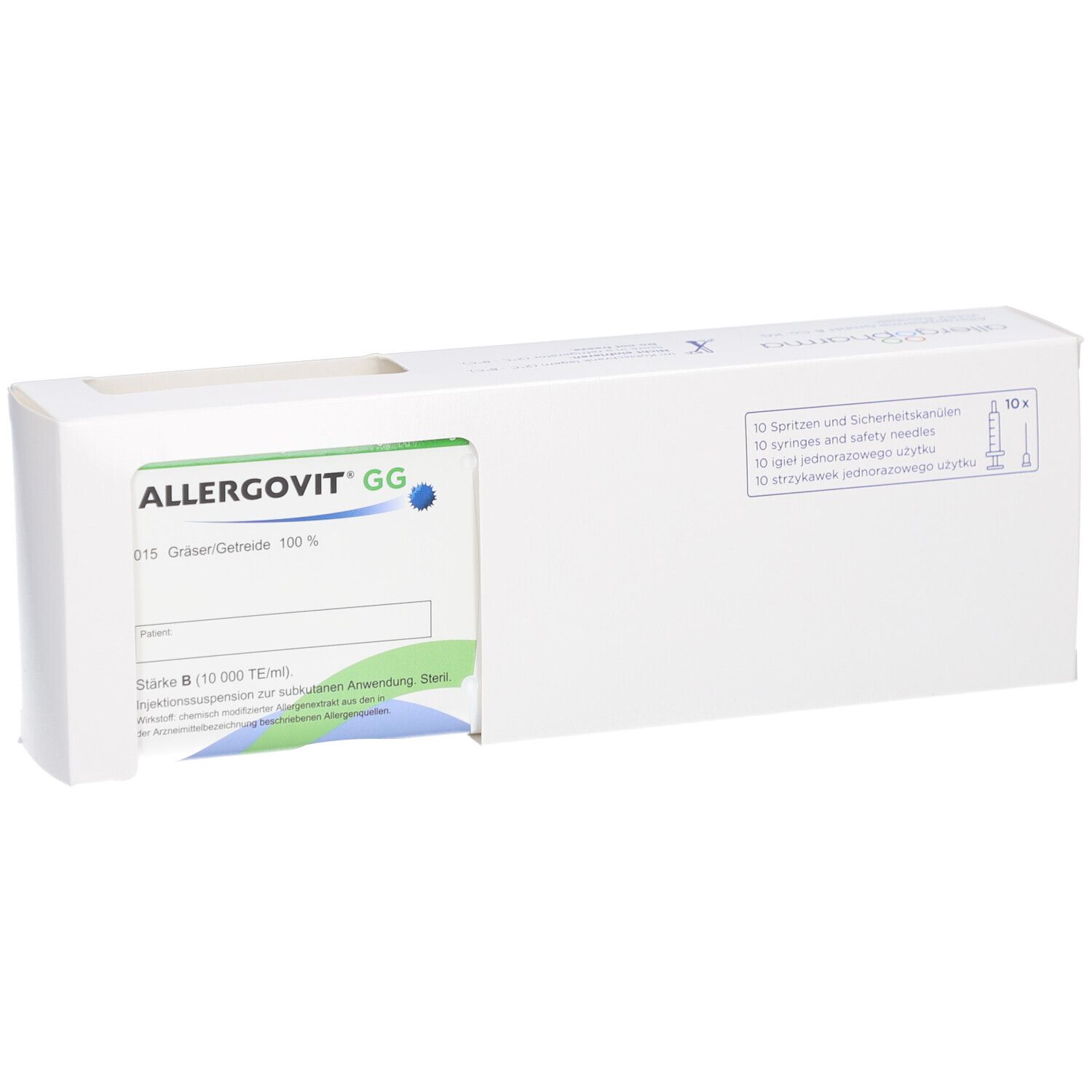 Weiße Verpackung mit Produktinformationen. Aufschrift ALLERGOVIT GG. Enthält Spritzen und Sicherheitskanülen.