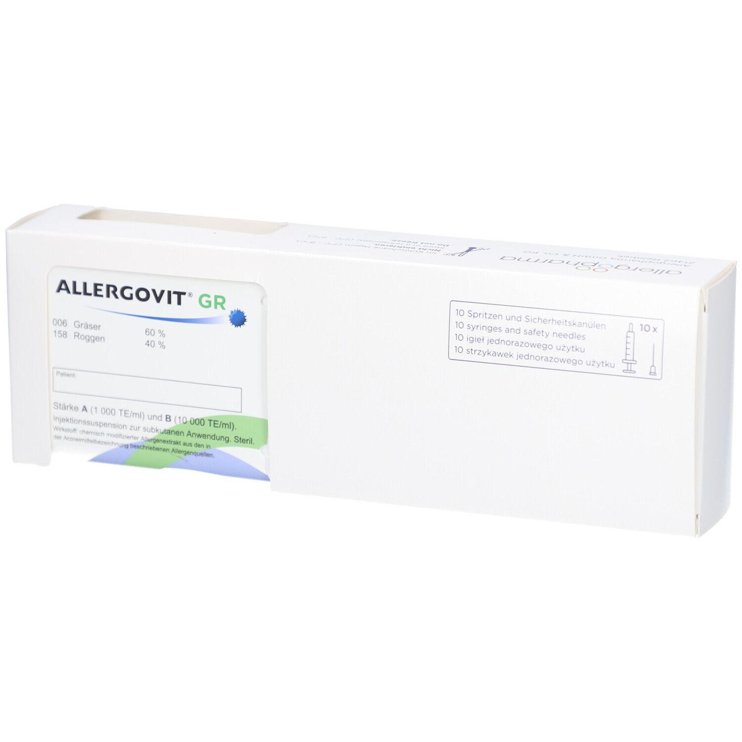 Weiße Produktverpackung mit blauem und grünem Etikett. Aufschrift: ALLERGOVIT GR. Enthält Spritzen und Sicherheitskanülen.