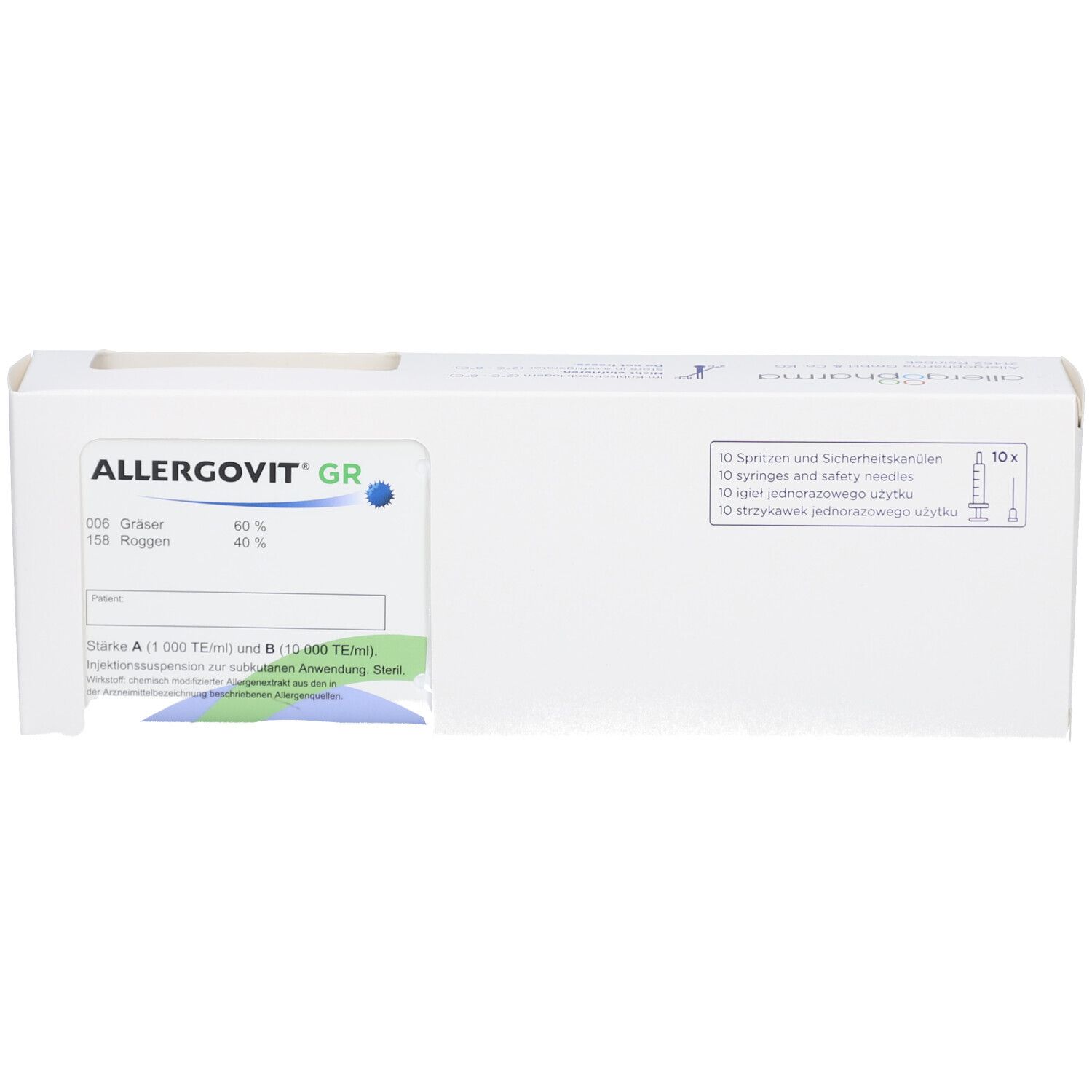 Weiße Produktverpackung mit blauem und grünem Etikett. Aufschrift: ALLERGOVIT GR. Enthält Spritzen und Sicherheitskanülen.
