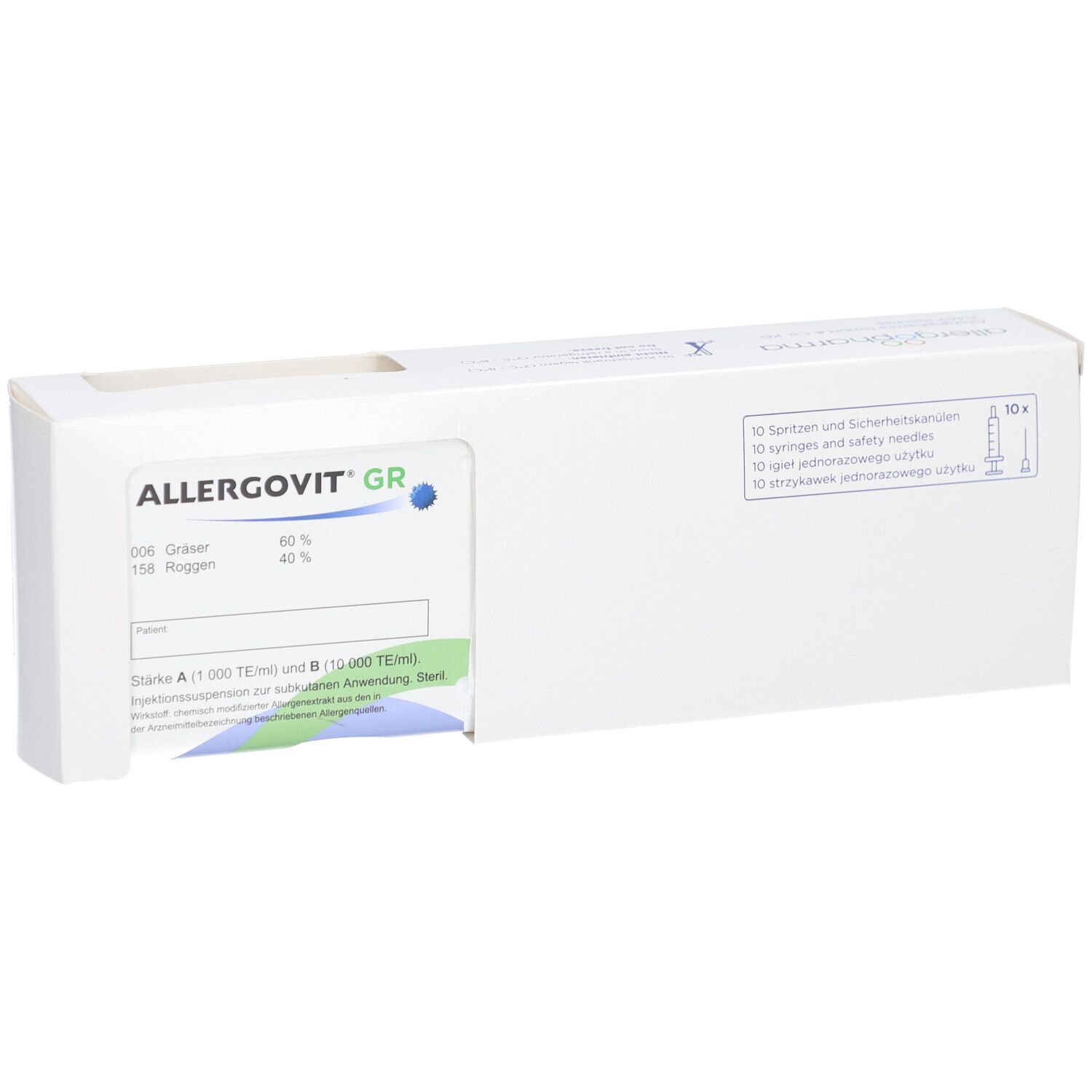 Weiße Produktverpackung mit blauem und grünem Etikett. Aufschrift: ALLERGOVIT GR. Enthält Spritzen und Sicherheitskanülen.