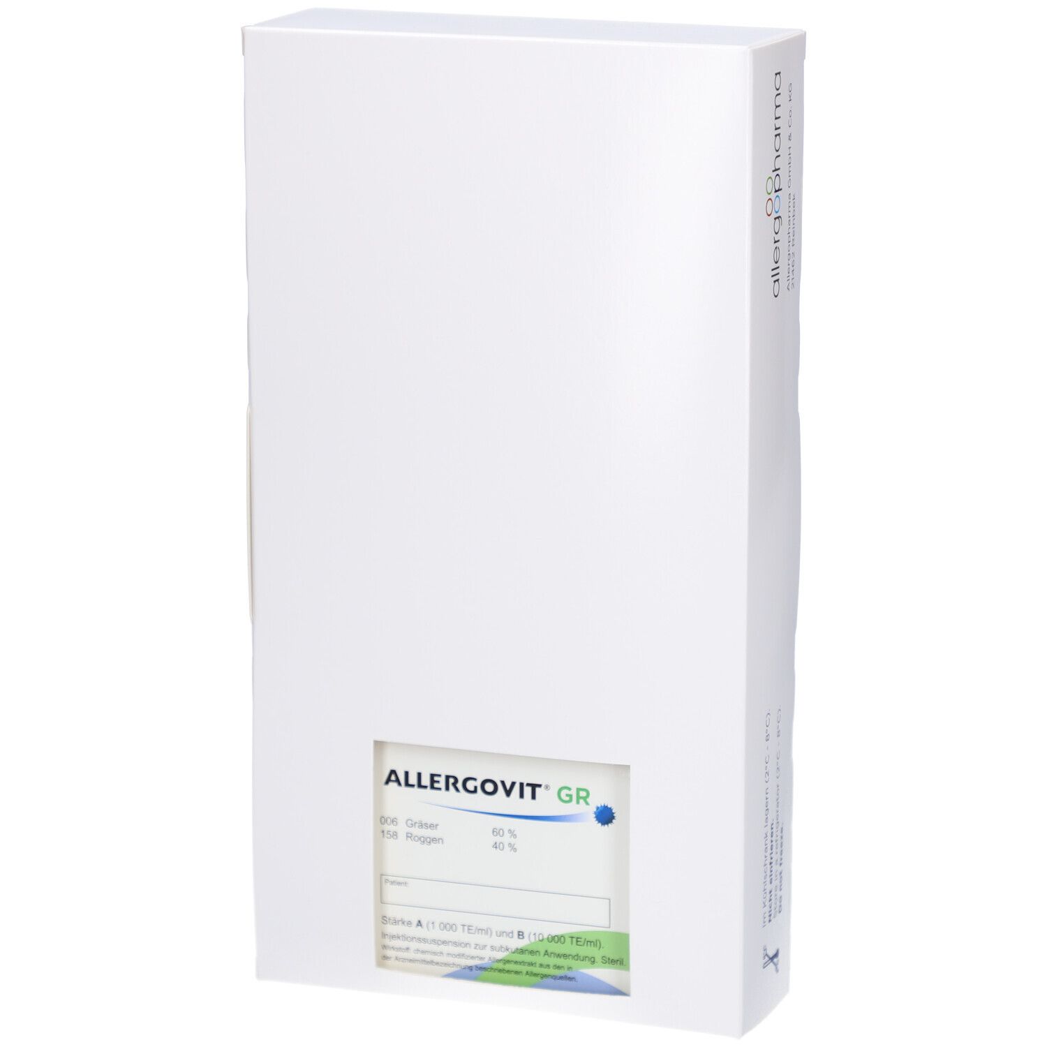 Weiße Produktverpackung mit Sichtfenster. Auf dem Etikett: ALLERGOVIT GR, Gräser/Roggen. Sichtbare Angaben zu Inhaltsstoffen.