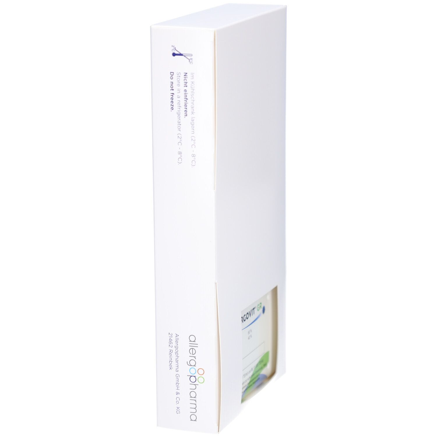 Weiße Produktverpackung, Seitenansicht. Sichtfenster mit Produktetikett. Aufdruck: allergopharma. Hinweise zur Lagerung.