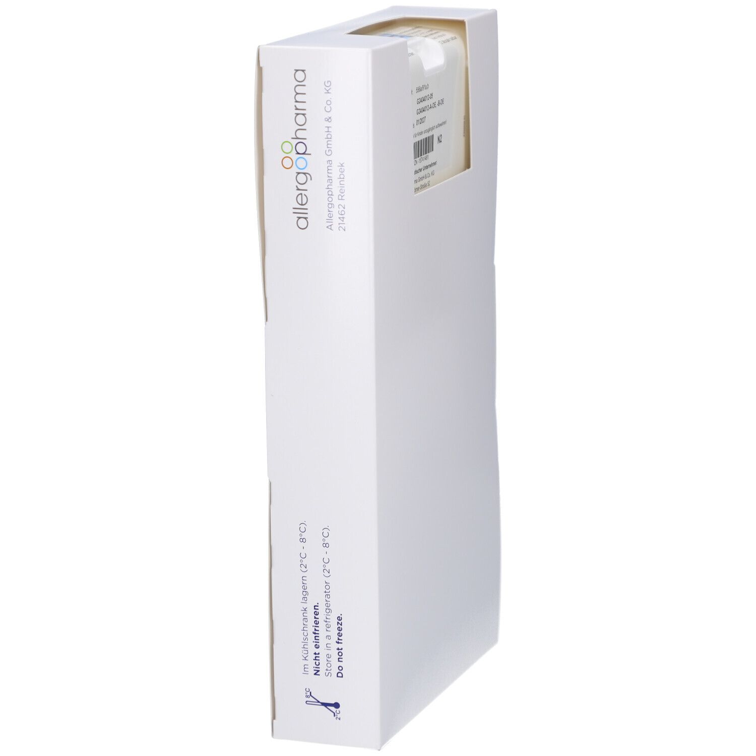Weiße Produktverpackung, Seitenansicht. Sichtfenster mit Produktetikett. Aufdruck: allergopharma. Hinweise zur Lagerung.
