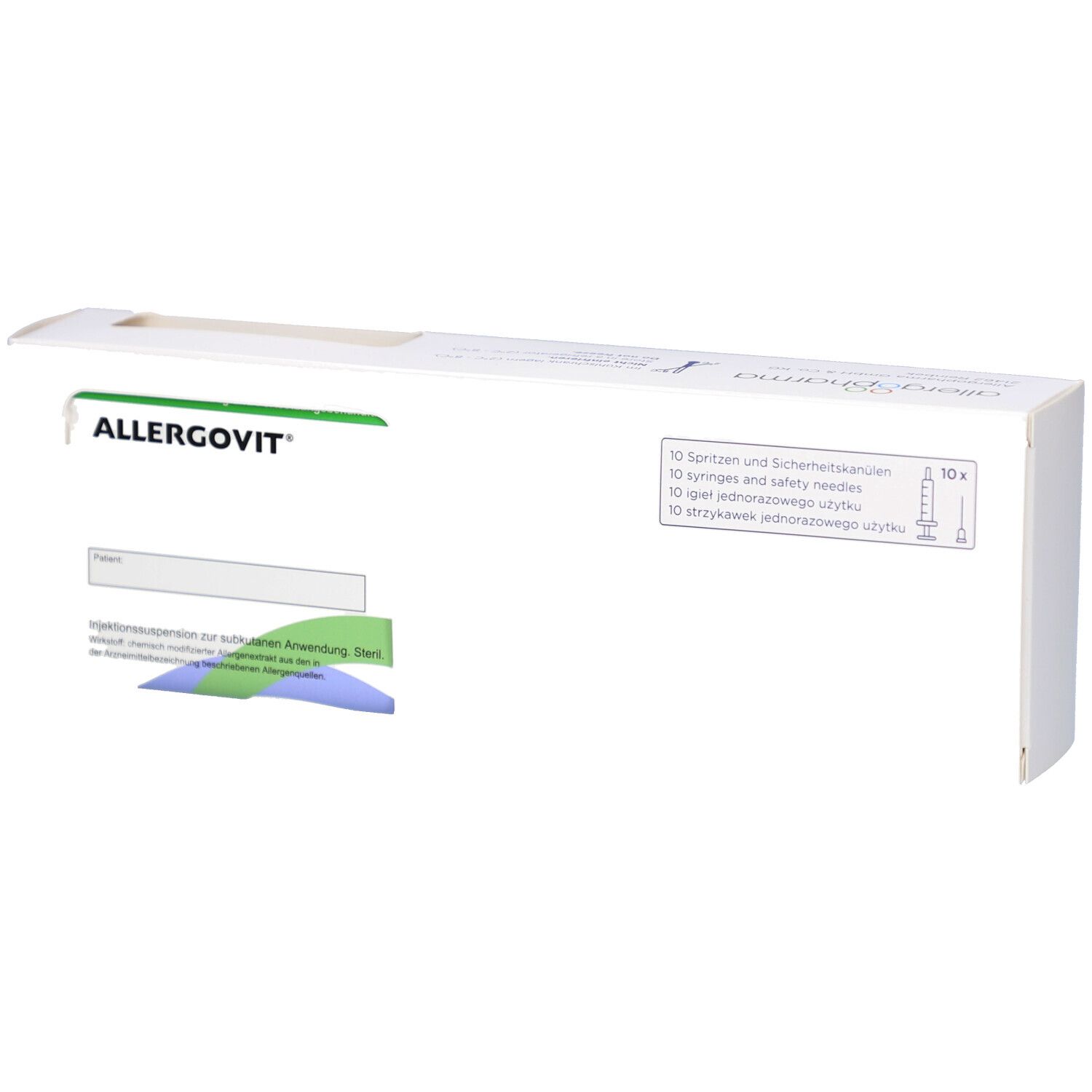 Weiße Verpackung mit ALLERGOVIT-Logo. Enthält 10 Spritzen und Sicherheitskanülen. Text in Deutsch, Englisch und Polnisch.
