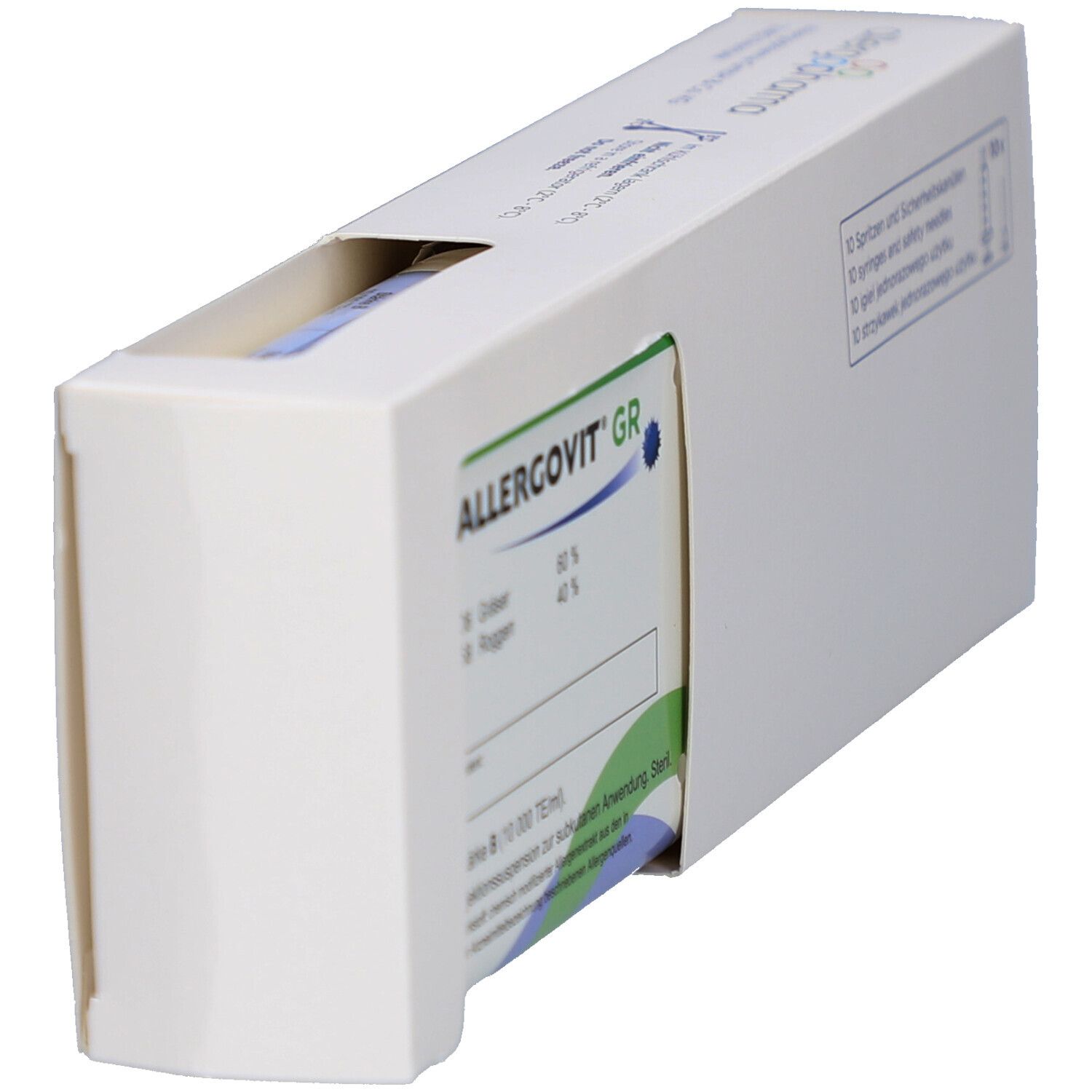 Geöffnete weiße Verpackung mit ALLERGOVIT GR. Enthält 60% Gräser und 40% Roggen. Sichtbare Produktinformationen.