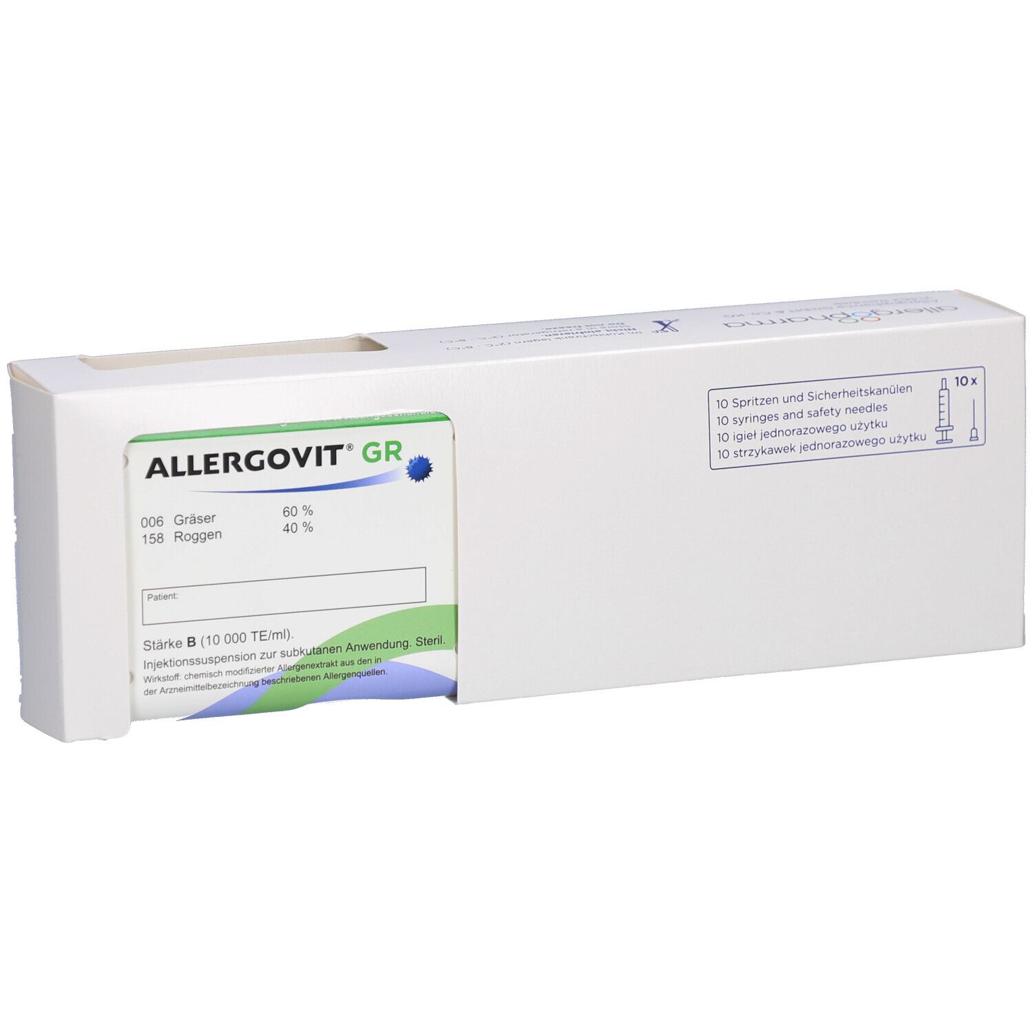 Weiße Verpackung mit ALLERGOVIT GR. Enthält 60% Gräser und 40% Roggen. Stärke B (10.000 TE/ml).