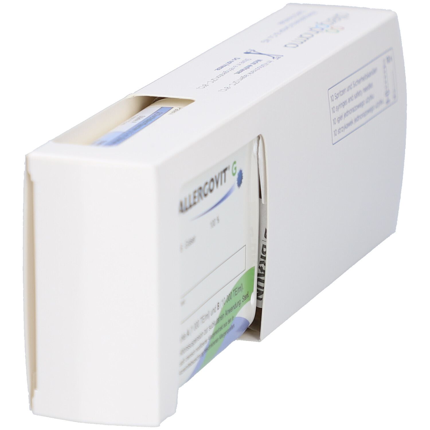 Weiße Verpackung, teilweise geöffnet. Produkt ALLERGOVIT G sichtbar. Grün-weiße Produktinformationen. Aussparung zeigt Produkt.