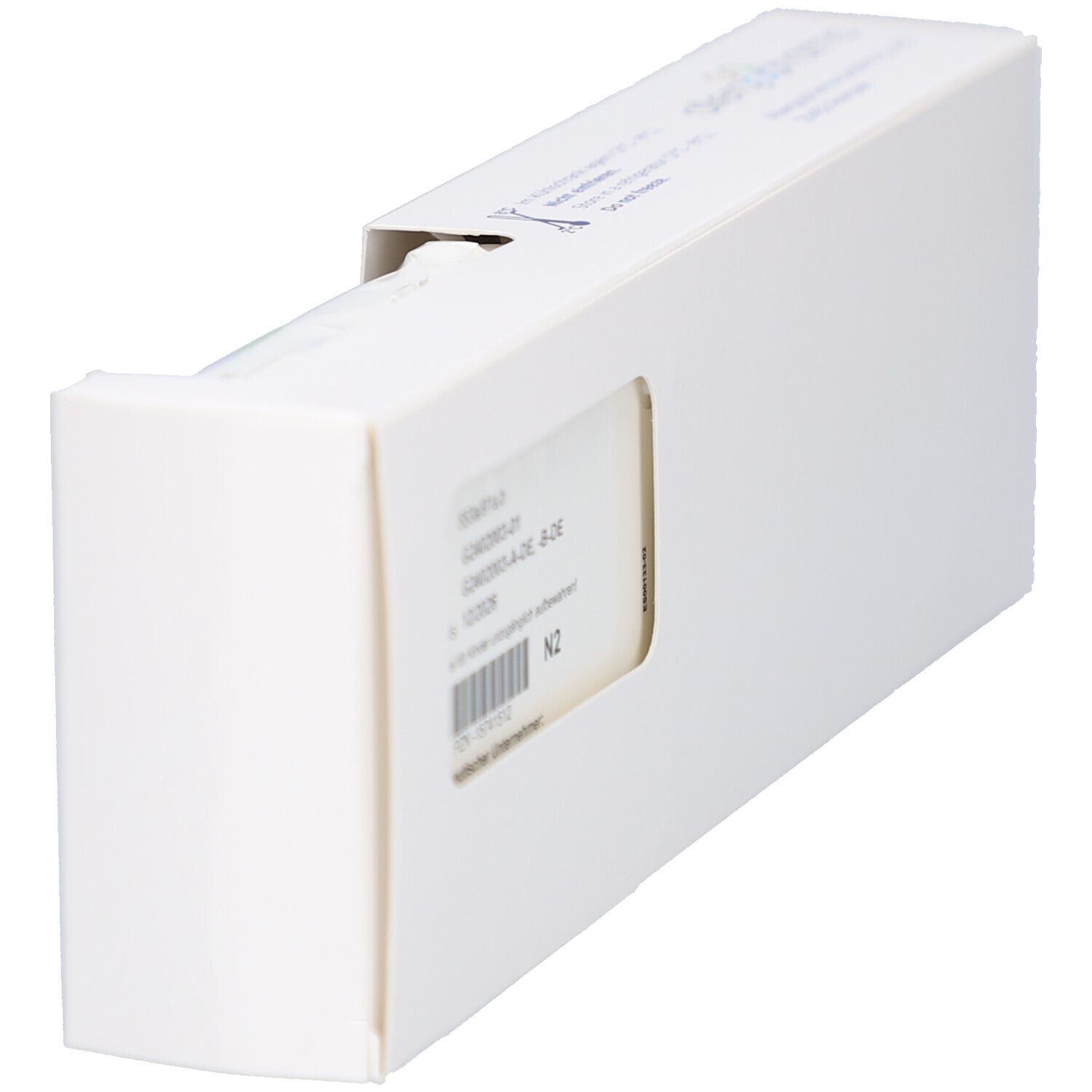 Weiße Verpackung, teilweise geöffnet. Aussparung zeigt Produktinformationen. N2-Kennzeichnung. Produktinformationen sichtbar.