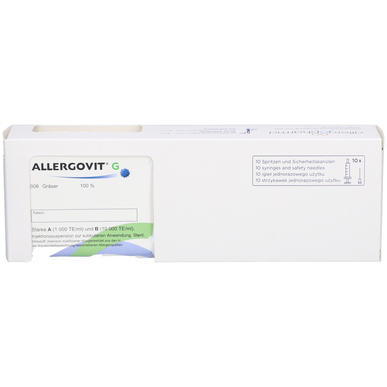 Weiße Verpackung mit Produktinformationen. Produktname ALLERGOVIT G. Enthält Spritzen und Sicherheitsnadeln. Grün-weiße Produktinformationen.