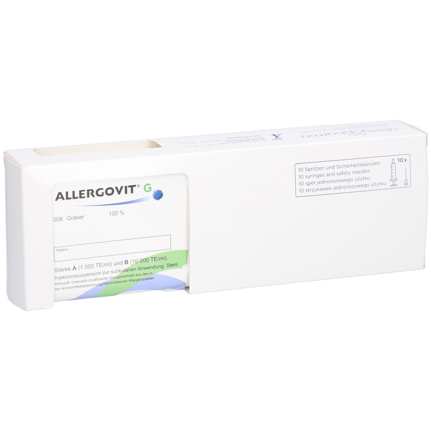 Weiße Verpackung mit Produktinformationen. Produktname ALLERGOVIT G. Enthält Spritzen und Sicherheitsnadeln. Grün-weiße Produktinformationen.