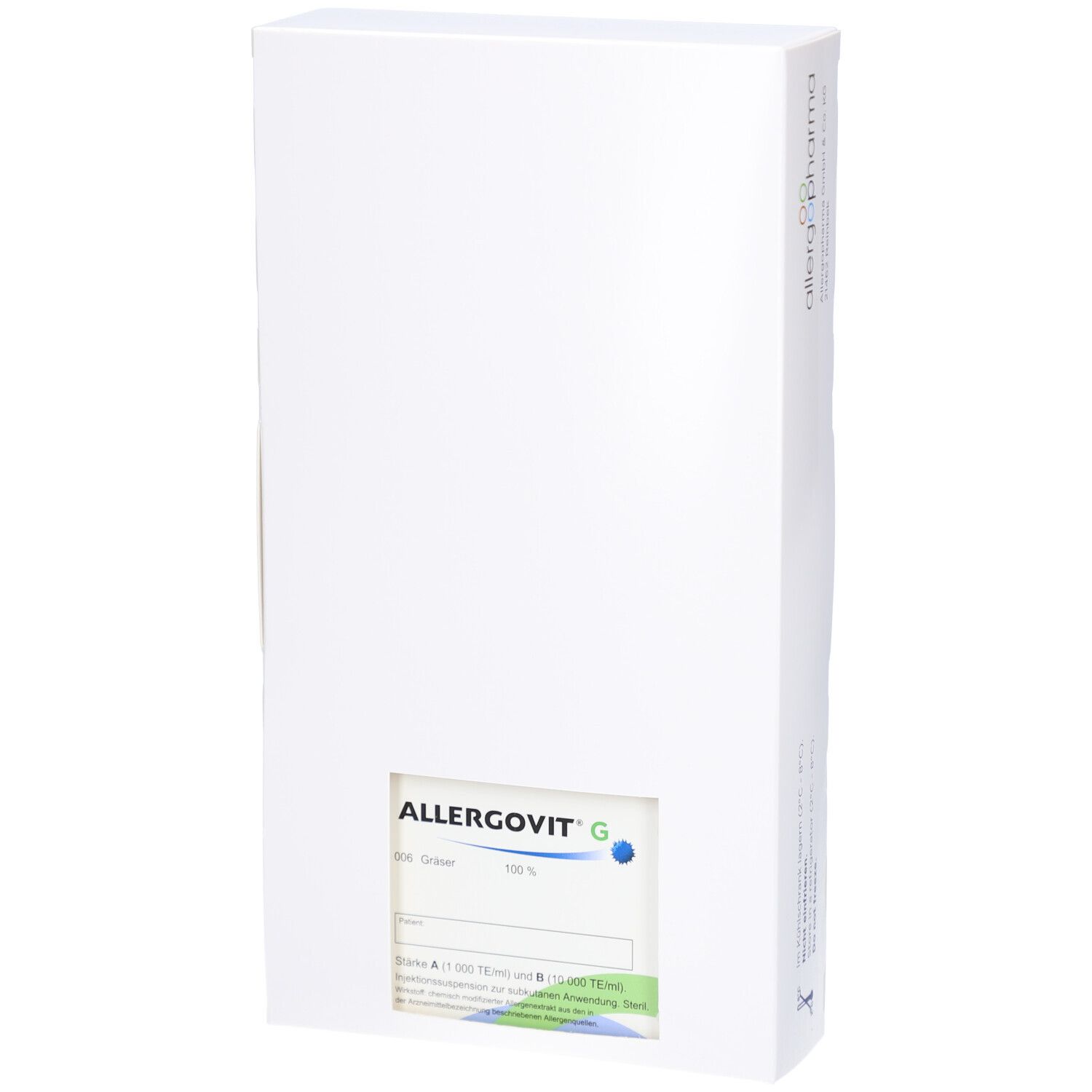 Weiße Produktverpackung mit Sichtfenster. ALLERGOVIT G-Label sichtbar. Textfelder und blaue Punkte. Aufdrucke auf der Verpackung.