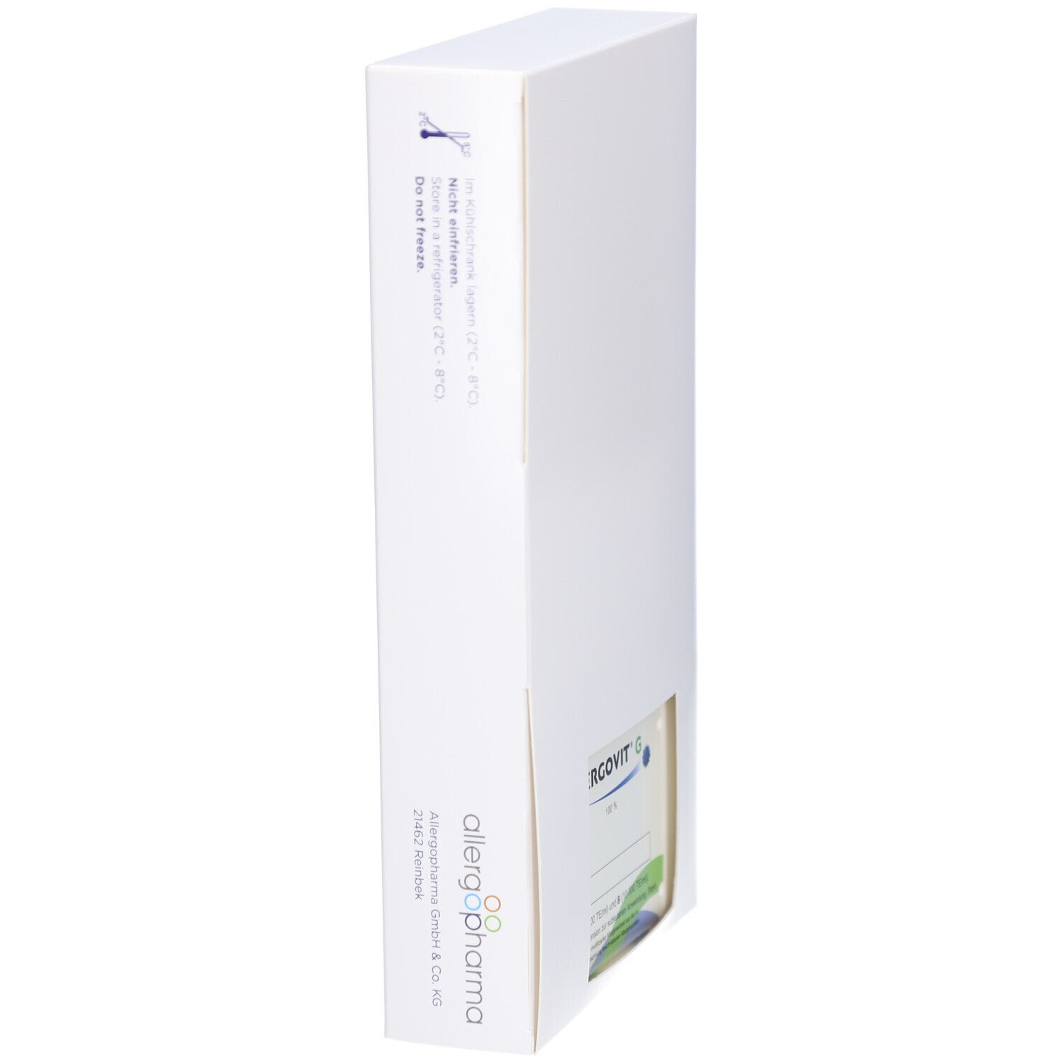 Weiße Verpackung, Seitenansicht. Sichtfenster mit Produktetikett. Aufdrucke mit Logo und Text. Hinweise zur Lagerung.