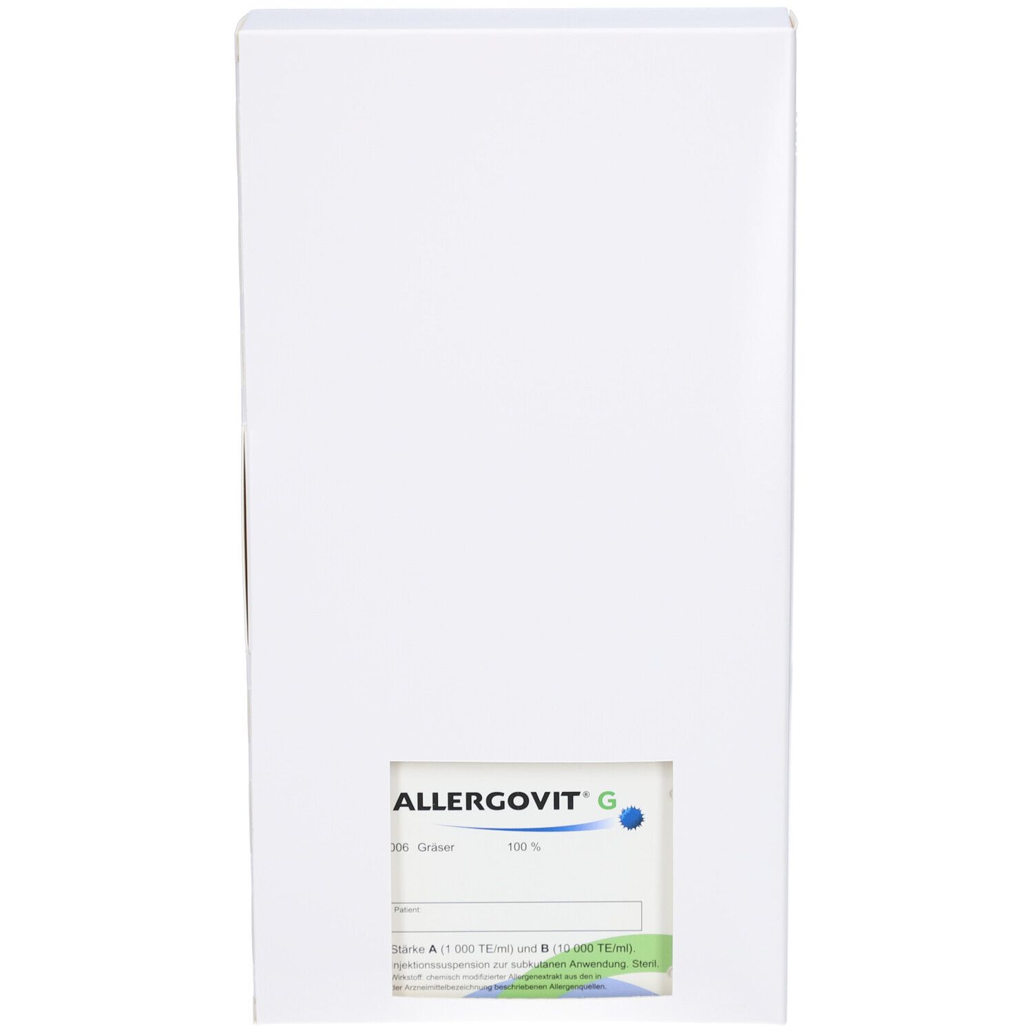 Weiße Verpackung, Rückansicht. Sichtfenster mit Produktetikett. ALLERGOVIT G-Label sichtbar. Textfelder und blaue Punkte.