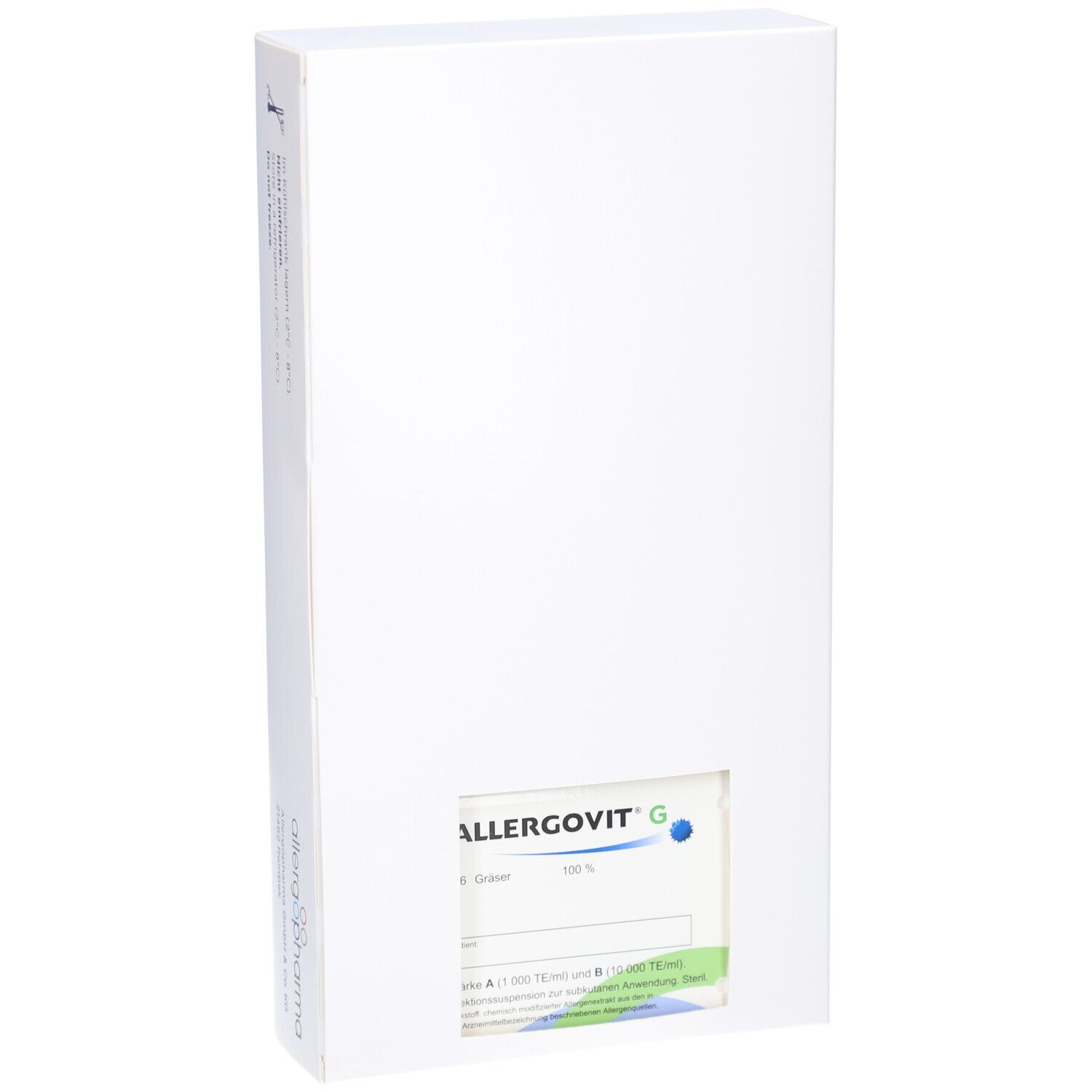 Weiße Verpackung, Rückansicht. Sichtfenster mit Produktetikett. ALLERGOVIT G-Label sichtbar. Textfelder und blaue Punkte.