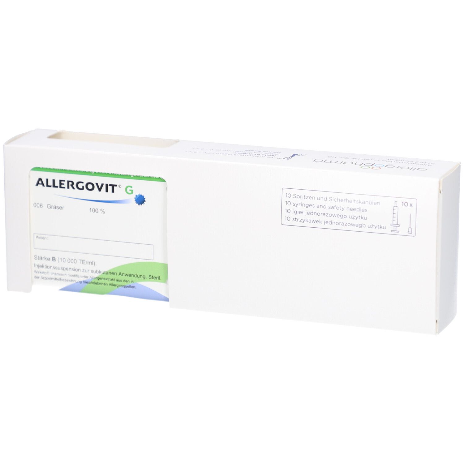 Weiße Verpackung mit Produkt ALLERGOVIT G. Sichtbar sind Produktname, Inhaltsangaben und eine Packung mit Spritzen.