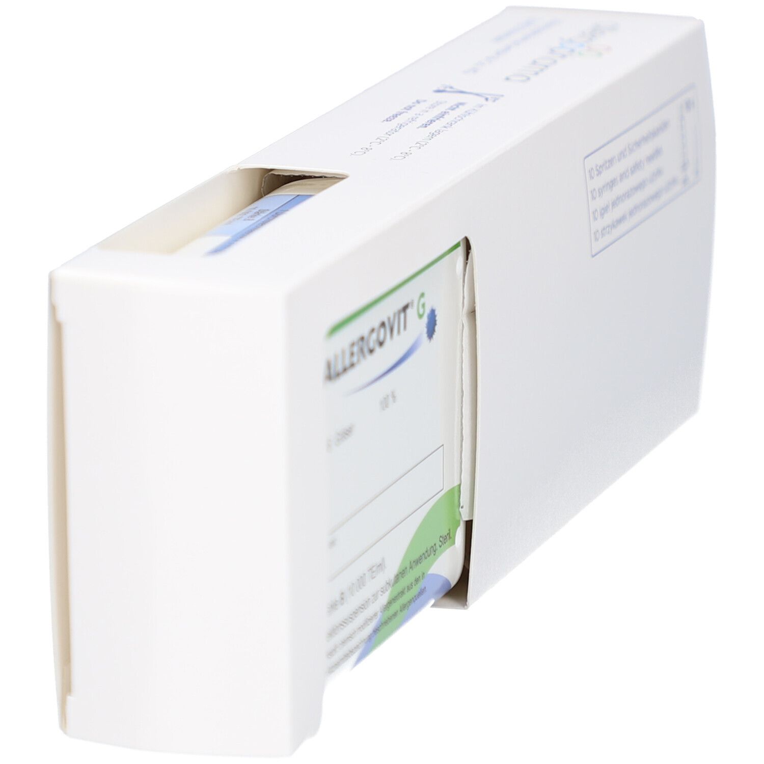 Geöffnete weiße Verpackung mit ALLERGOVIT G. Produktname und Inhaltsangaben auf der Innenseite sichtbar.