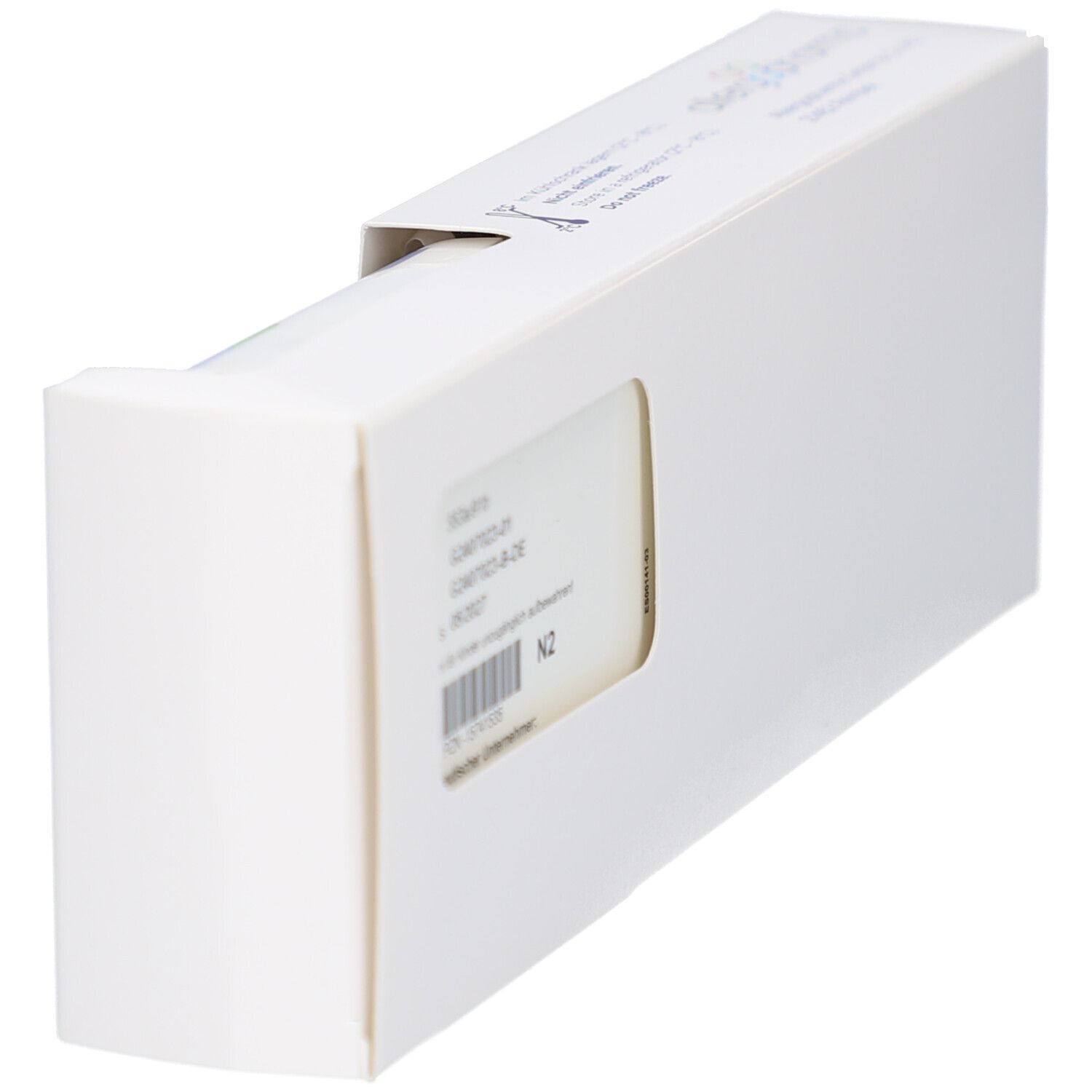Geöffnete weiße Verpackung mit Produktinformationen. Fenster zeigt Produktinformationen und Barcode.