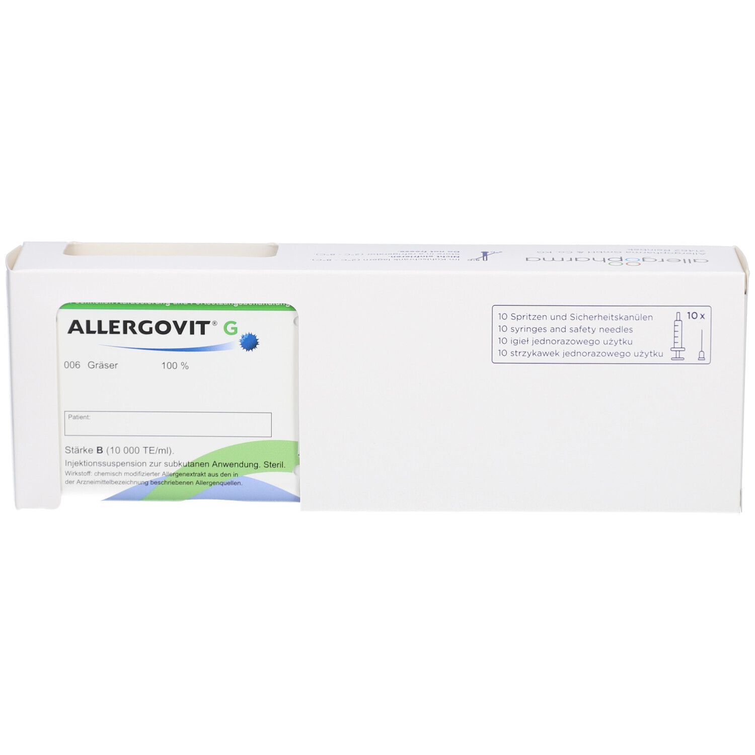 Weiße Verpackung mit ALLERGOVIT G. Produktname, Inhaltsangaben und eine Packung mit Spritzen sind sichtbar.