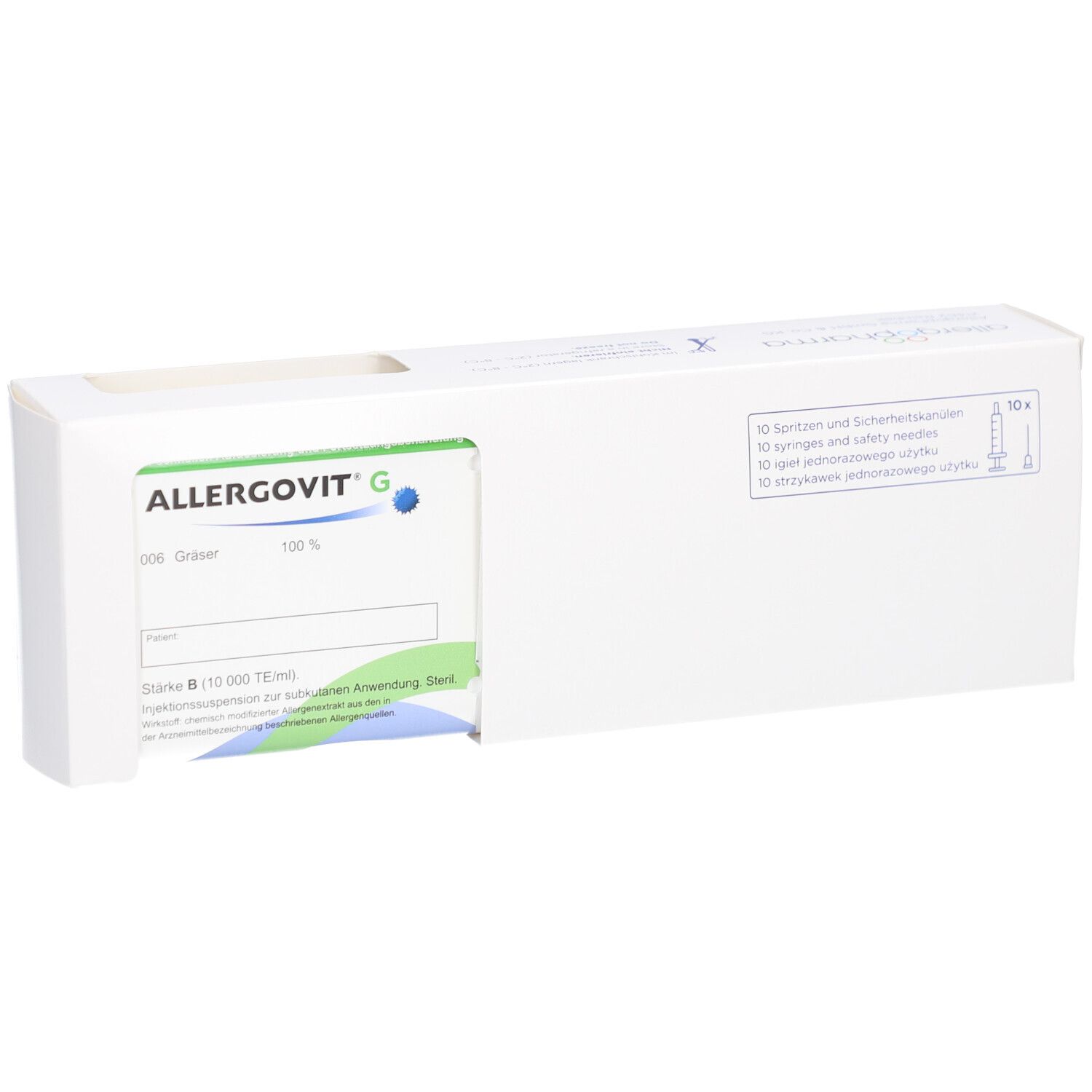 Weiße Verpackung mit ALLERGOVIT G. Produktname, Inhaltsangaben und eine Packung mit Spritzen sind sichtbar.