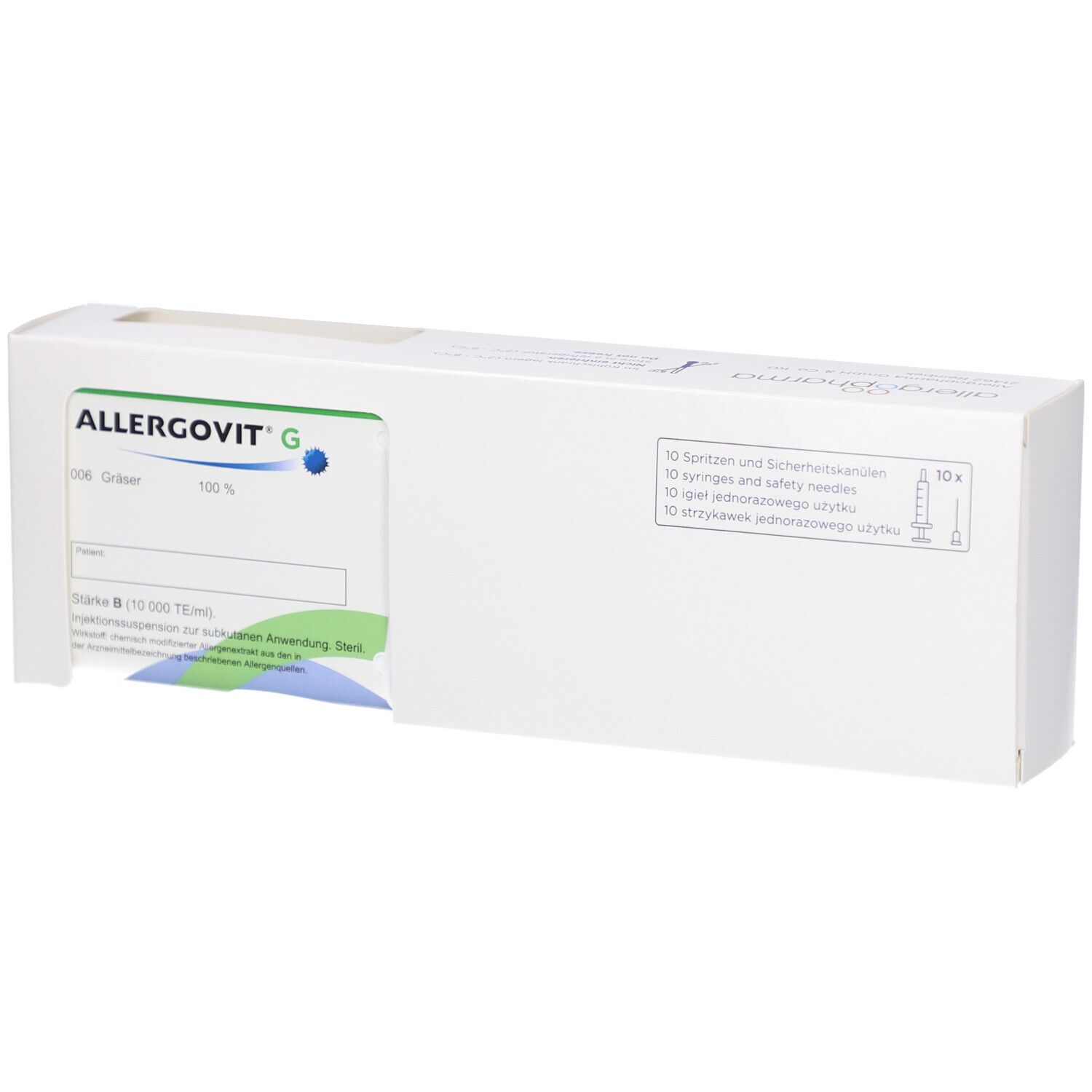 Weiße Verpackung mit ALLERGOVIT G-Logo. Enthält 10 Spritzen und Sicherheitskanülen. Aufdrucke mit Produktinformationen.