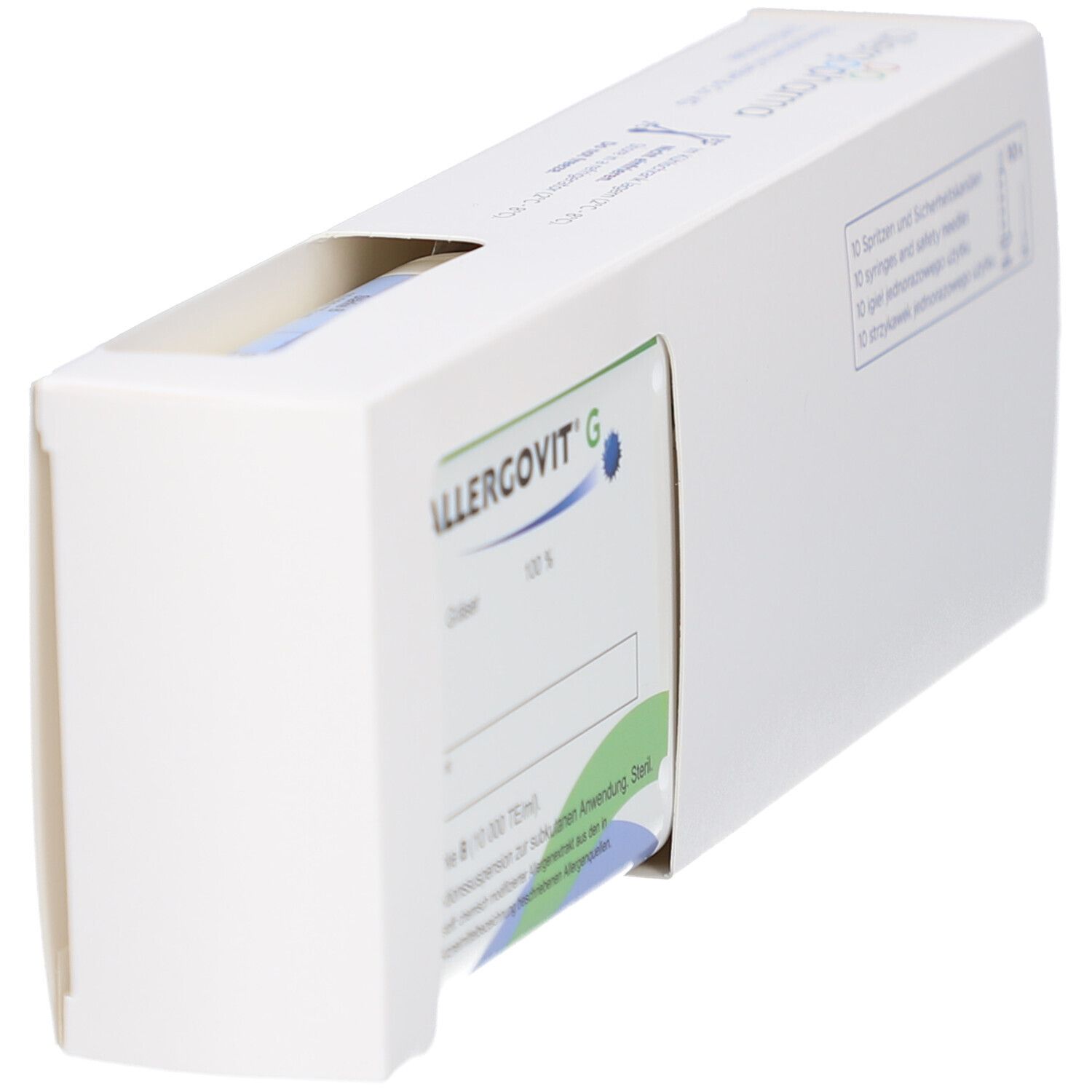Geöffnete weiße Verpackung mit ALLERGOVIT G-Logo. Zeigt Produktinformationen auf der Innenseite.