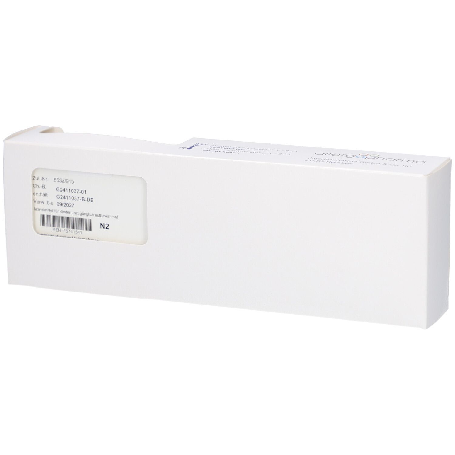 Weiße rechteckige Verpackung. Aufdrucke mit Produktinformationen und N2-Kennzeichnung.