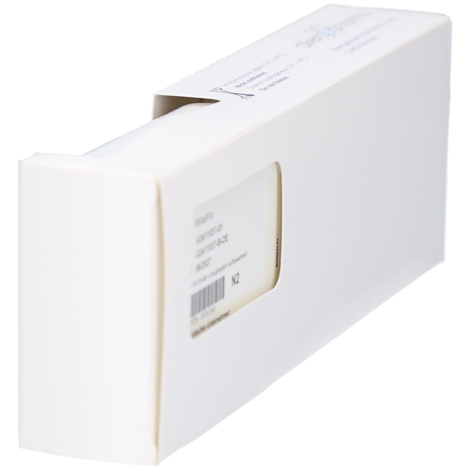 Geöffnete weiße Verpackung. Zeigt Produktinformationen und N2-Kennzeichnung.