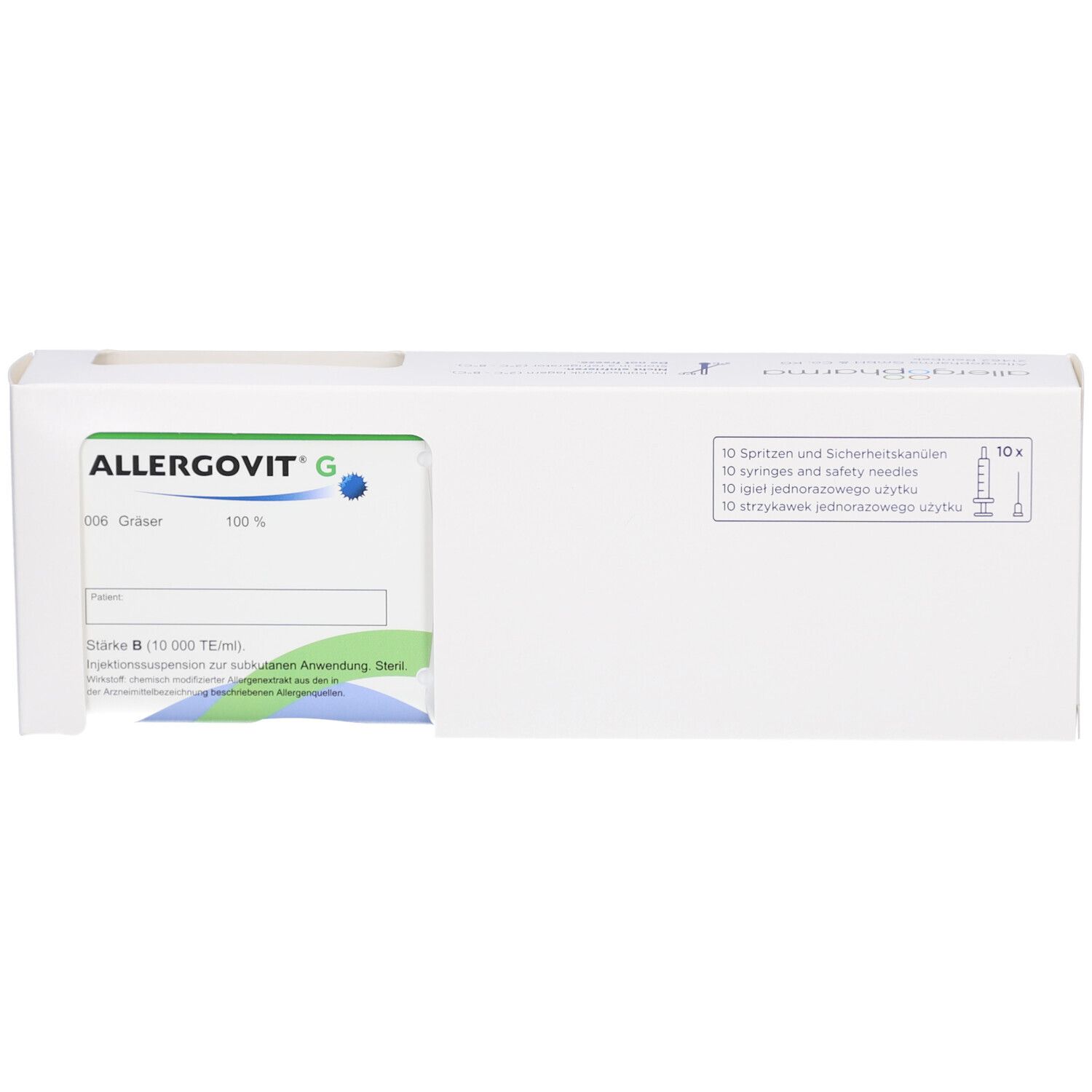 Weiße Verpackung mit ALLERGOVIT G-Logo. Enthält 10 Spritzen und Sicherheitskanülen. Produktinformationen.