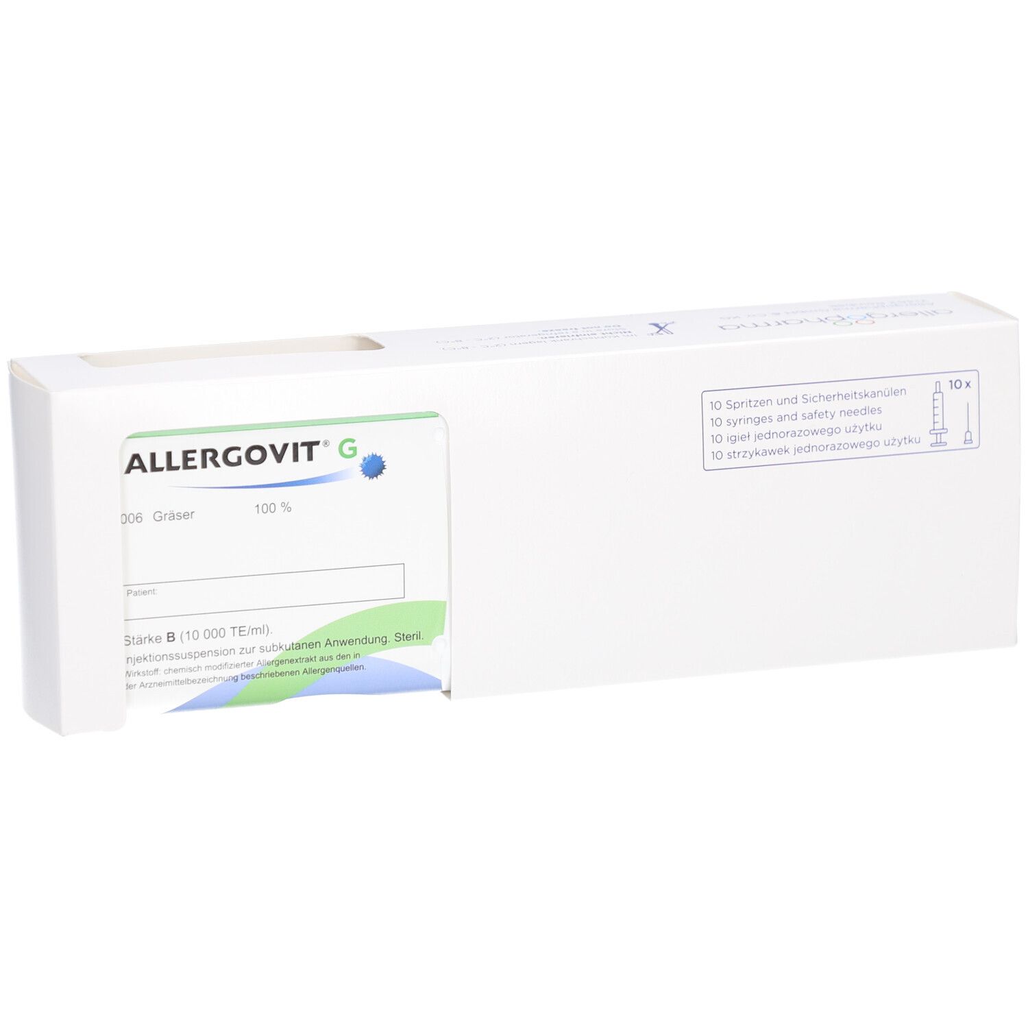 Weiße Verpackung mit ALLERGOVIT G-Logo. Enthält 10 Spritzen und Sicherheitskanülen. Produktinformationen.
