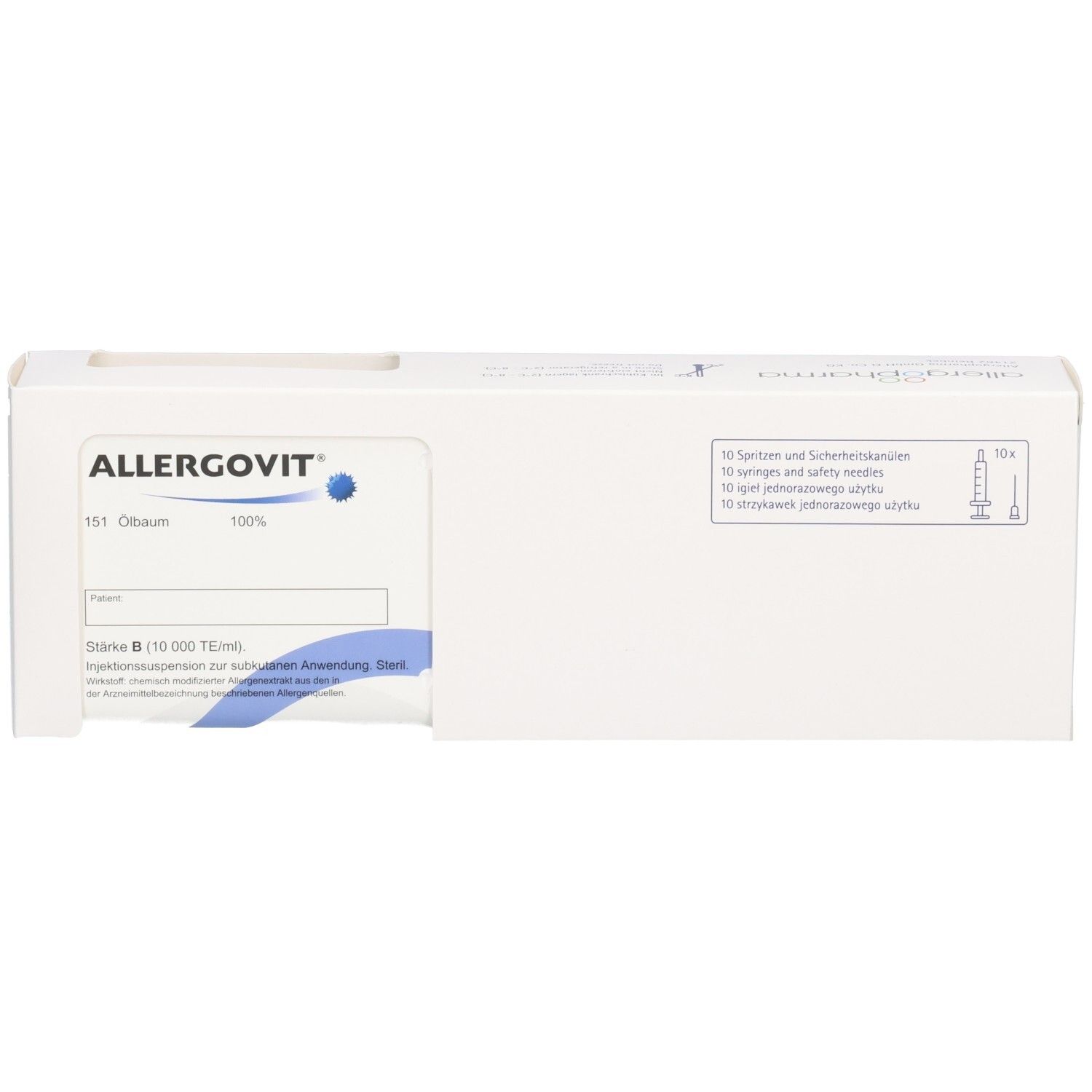 ALLERGOVIT Ölbaum 151, 100% Stärke B (10.000 TE) Injektionssuspension. Enthält 10 Spritzen und Sicherheitsnadeln.