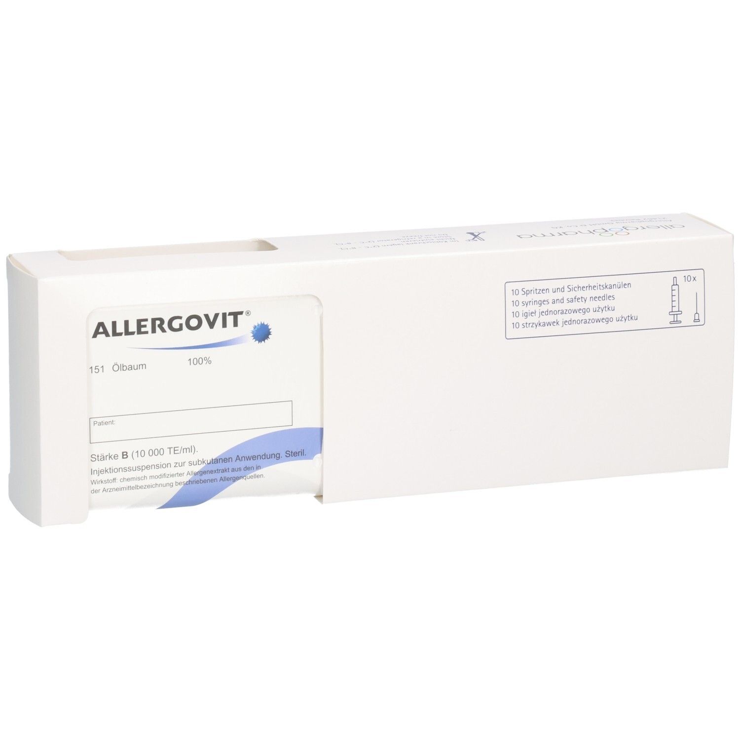ALLERGOVIT Ölbaum 151, 100% Stärke B (10.000 TE) Injektionssuspension. Enthält 10 Spritzen und Sicherheitsnadeln.