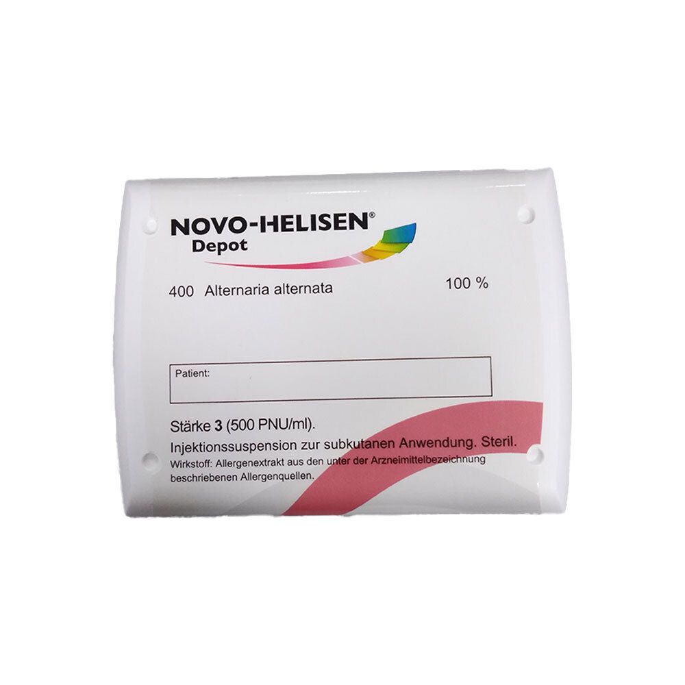 Weiße Verpackung mit Aufschrift NOVO-HELISEN Depot, 400 Alternaria alternata, 100%. Textfeld für Patient. Stärke 3. Injektionssuspension.