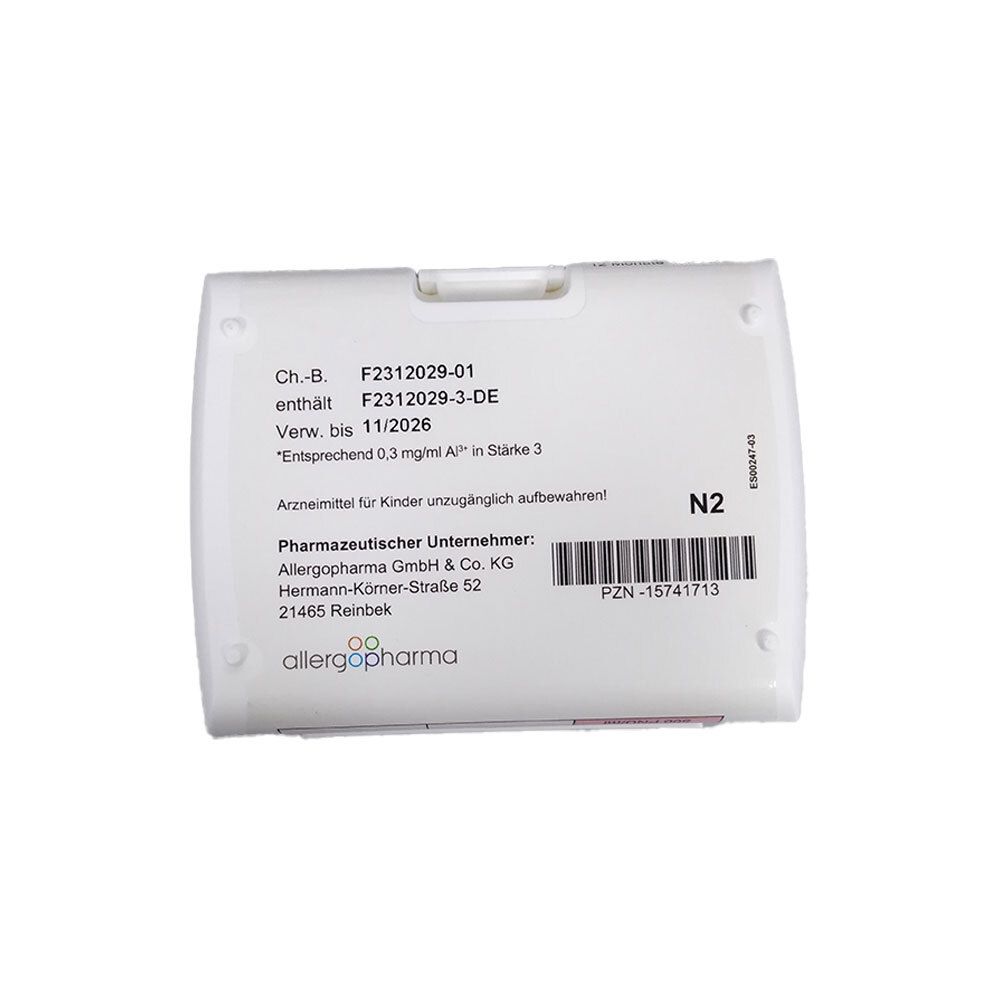 Weiße Verpackung mit Text: Ch.-B., F2312029-01, enthält F2312029-3-DE, Verwendbar bis 11/2026. Pharmazeutischer Unternehmer: AllgergoPharma.