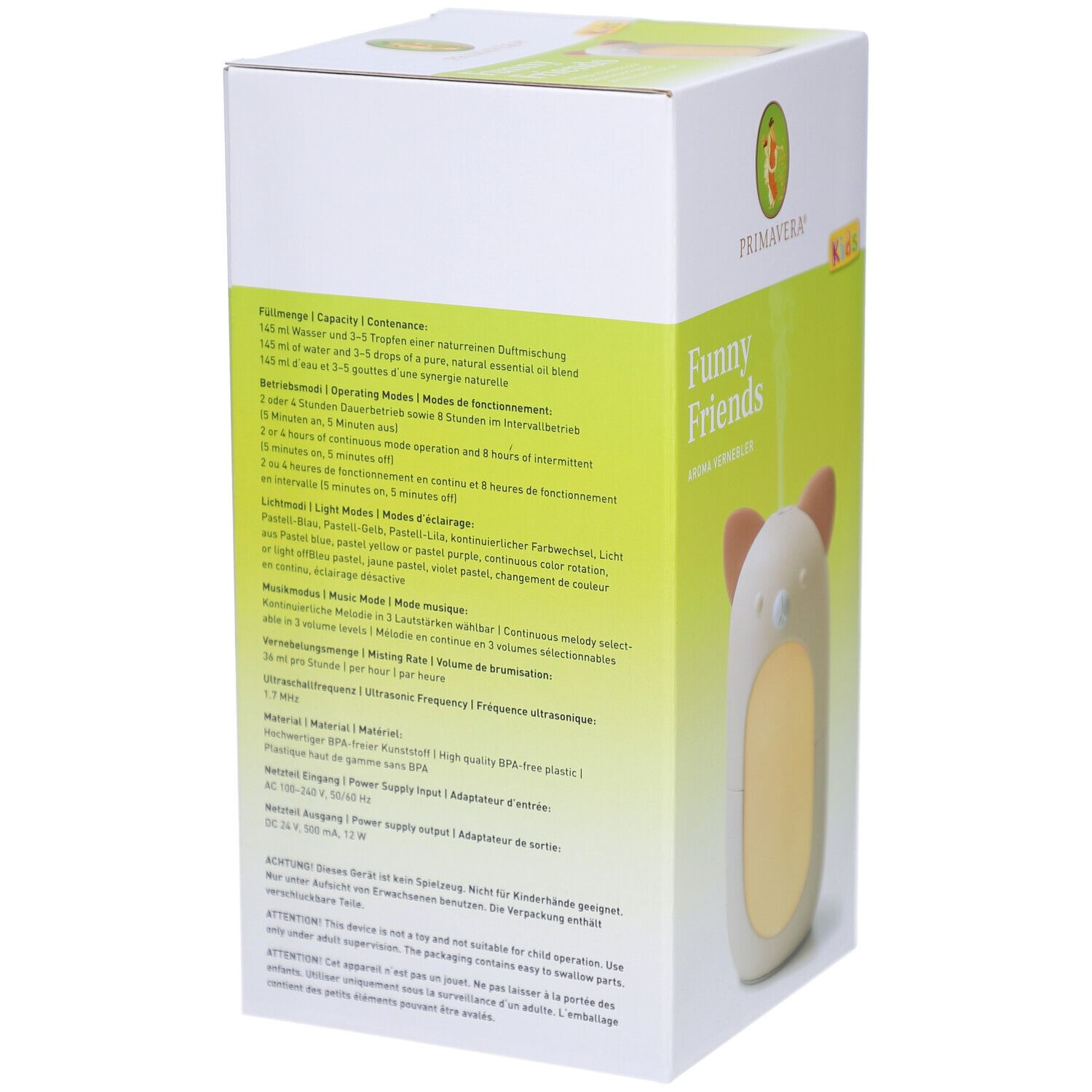 Rückseite der Verpackung. Text in Deutsch. Informationen zu Funktionen, Modi und technischen Daten. Primavera Logo.