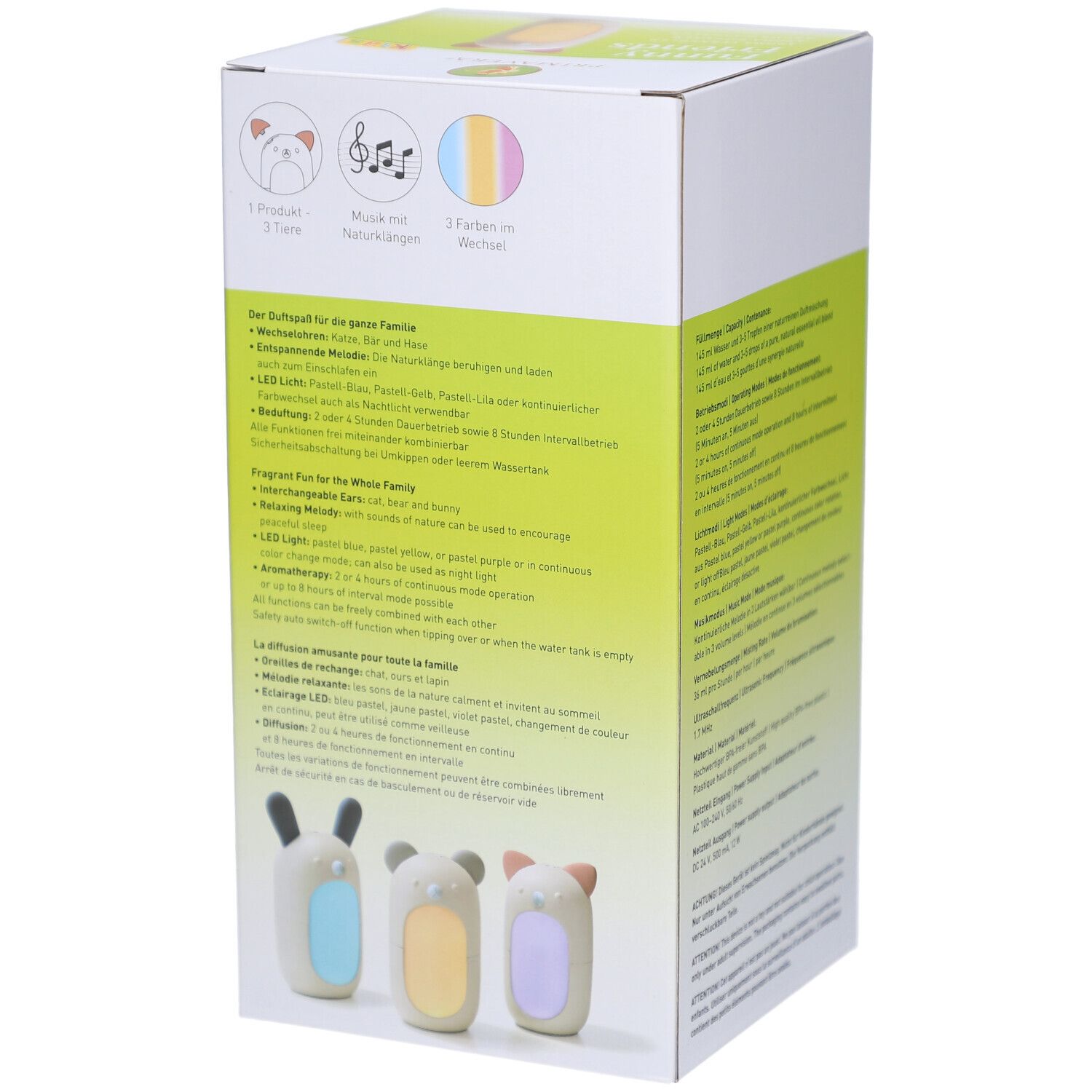 Verpackung mit Produktabbildungen. Text in Deutsch. Informationen zu Funktionen, Modi und Melodien. Primavera Logo.