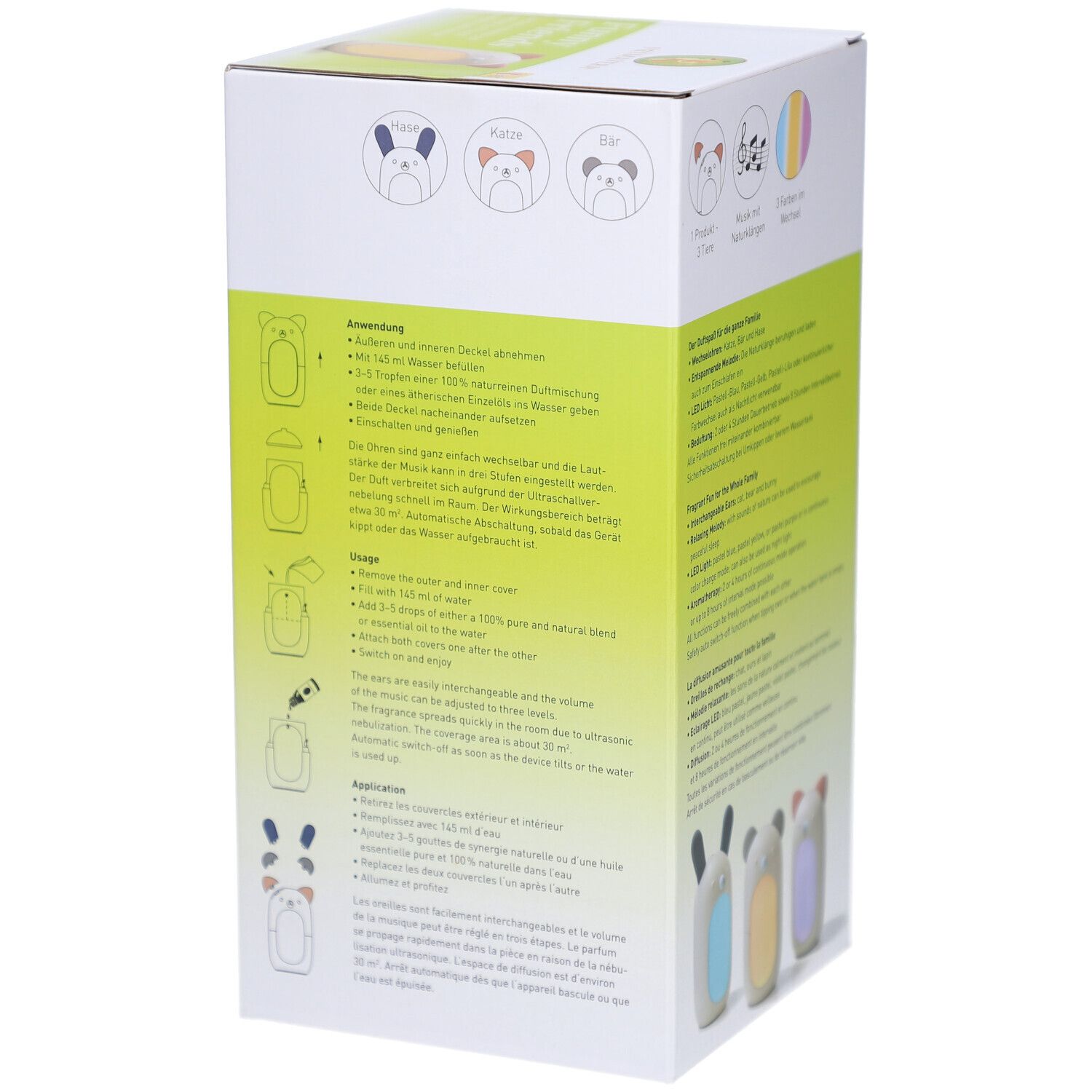 Verpackung mit Produktabbildungen und Anwendungsanleitung. Text in Deutsch. Primavera Logo. Produktabbildungen.