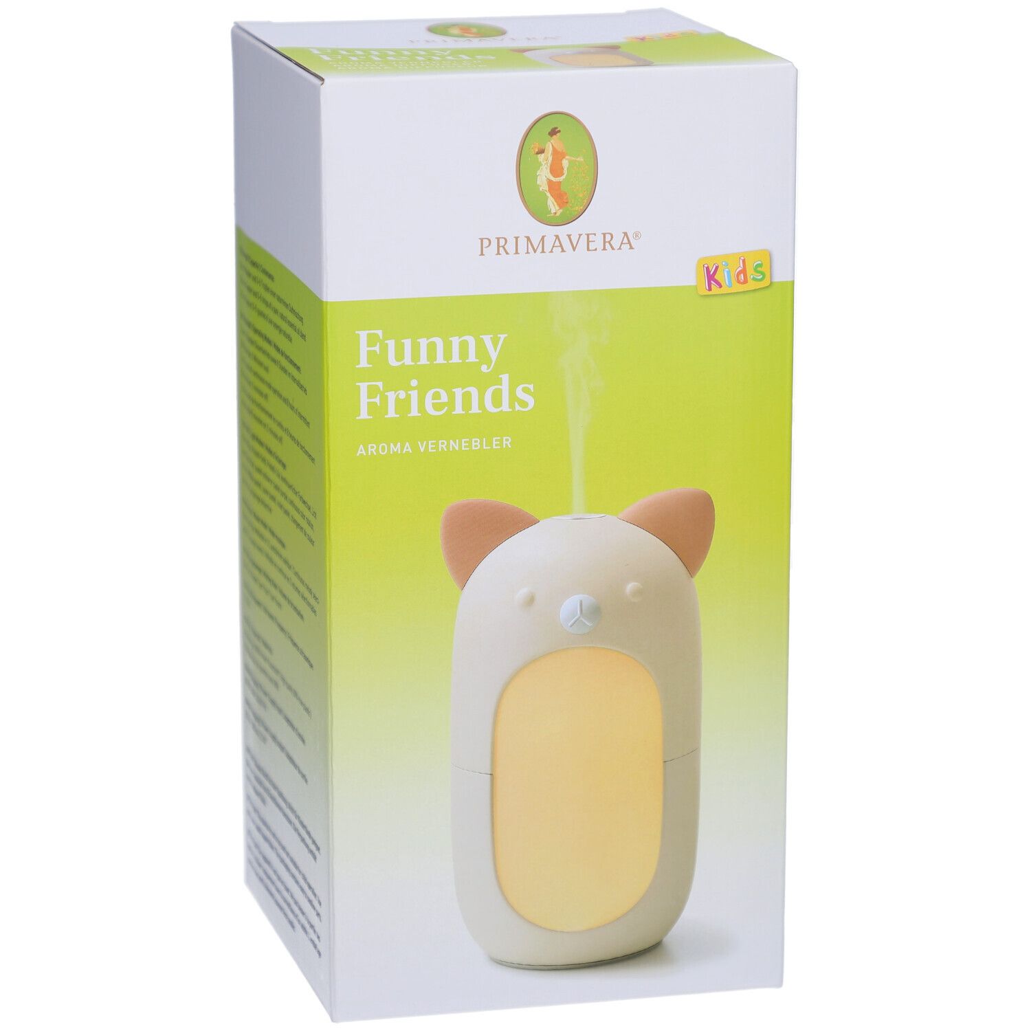 Aroma Vernebler Funny Friends, in Verpackung. Weißes Gehäuse mit braunen Ohren, gelbes Licht. Primavera Logo und Kids-Label.