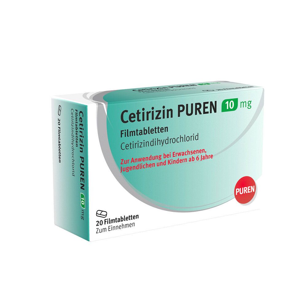 Schachtel mit Cetirizin PUREN 10 mg Filmtabletten. Aufschrift: Cetirizindihydrochlorid. Für Erwachsene und Kinder ab 6 Jahren.