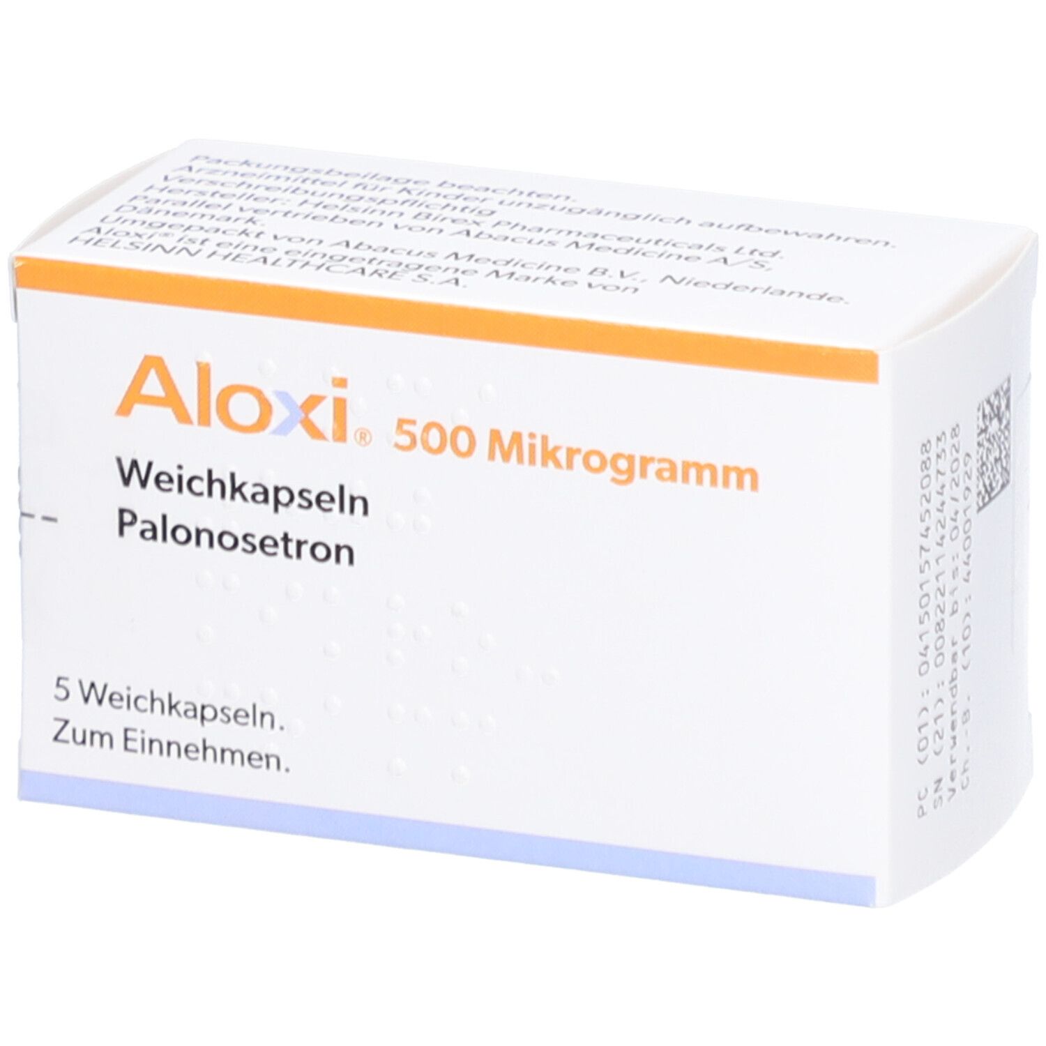 Weichkapseln-Packung. Aufschrift: Aloxi 500 Mikrogramm, Weichkapseln, Palonosetron. Enthält 5 Weichkapseln. Zum Einnehmen.