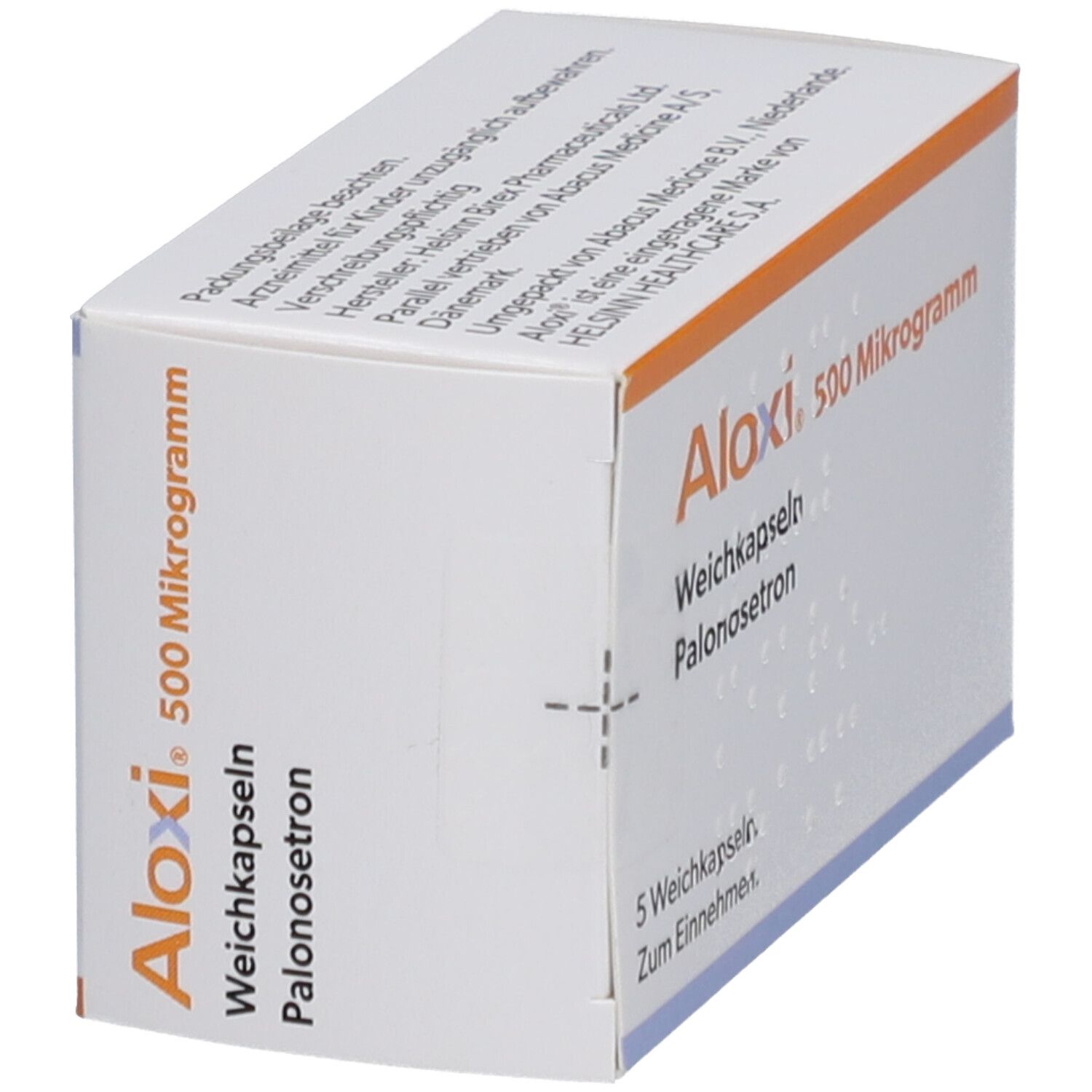 Schräg gestellte Weichkapseln-Packung. Aufschrift: Aloxi 500 Mikrogramm, Weichkapseln, Palonosetron. Enthält 5 Weichkapseln. Zum Einnehmen.