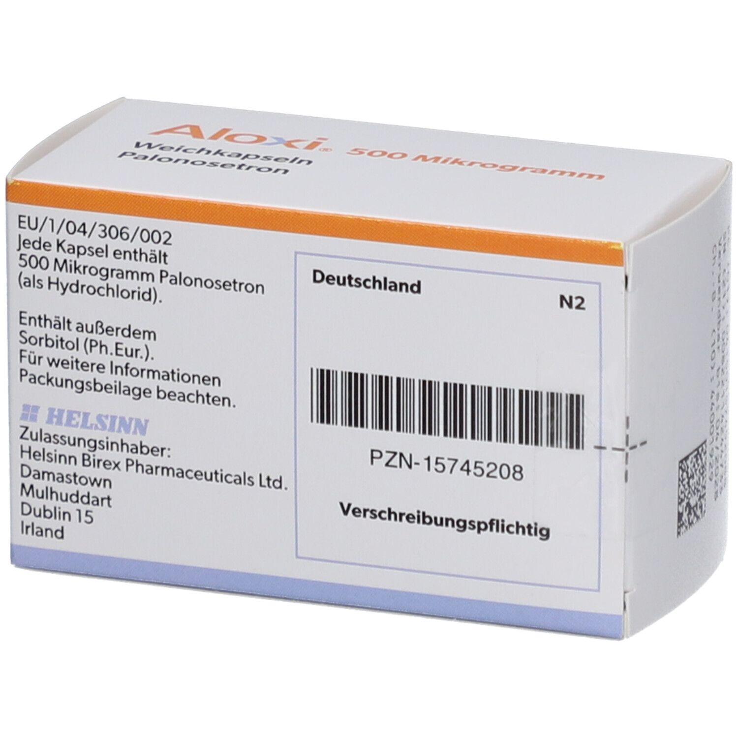 Weichkapseln-Packung. Aufschrift: Aloxi 500 Mikrogramm, Weichkapseln, Palonosetron. Enthält Informationen zu Hersteller und Inhaltsstoffen.