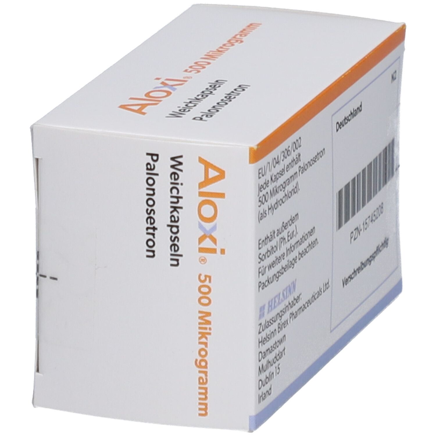 Schräg gestellte Weichkapseln-Packung. Aufschrift: Aloxi 500 Mikrogramm, Weichkapseln, Palonosetron. Enthält Informationen zu Hersteller und Inhaltsstoffen.