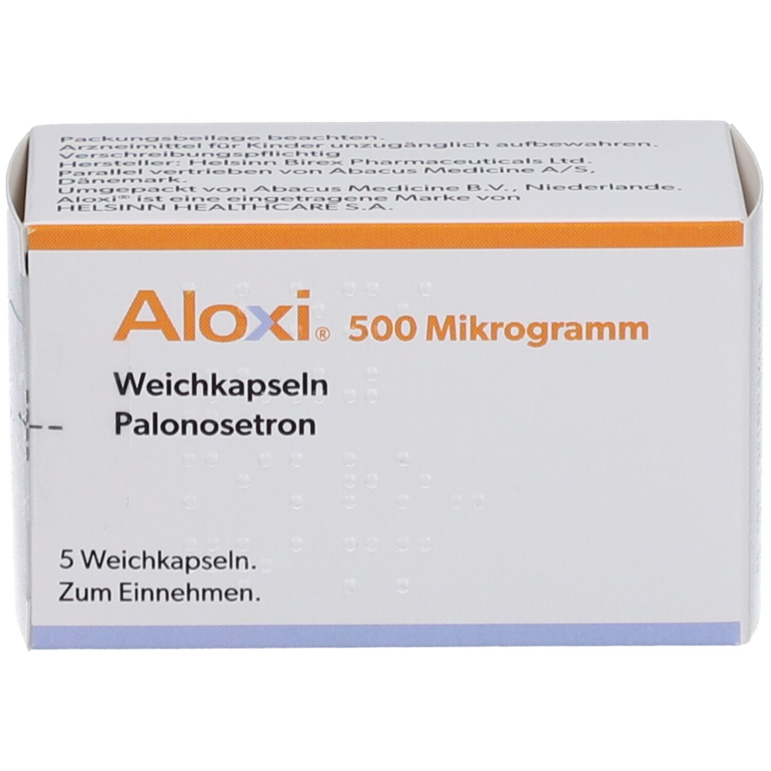 Weichkapseln-Packung. Aufschrift: Aloxi 500 Mikrogramm, Weichkapseln, Palonosetron. Enthält 5 Weichkapseln. Zum Einnehmen.
