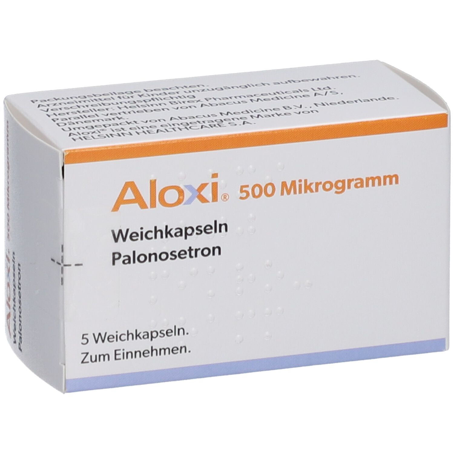 Weichkapseln-Packung. Aufschrift: Aloxi 500 Mikrogramm, Weichkapseln, Palonosetron. Enthält 5 Weichkapseln. Zum Einnehmen.