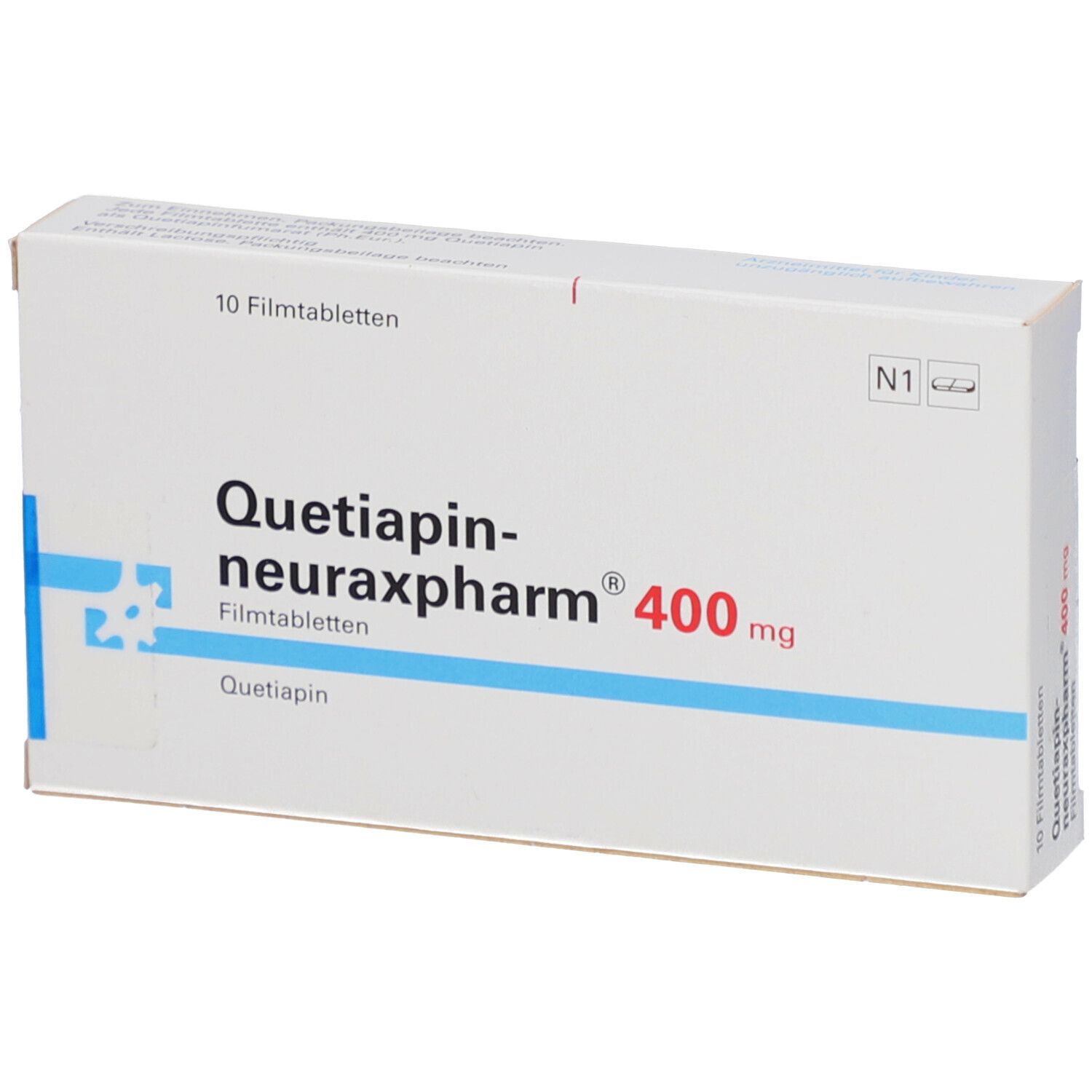 Schachtel mit "Quetiapin-neuraxpharm 400 mg Filmtabletten". 10 Tabletten. Blaue und rote Schrift auf weißem Hintergrund.