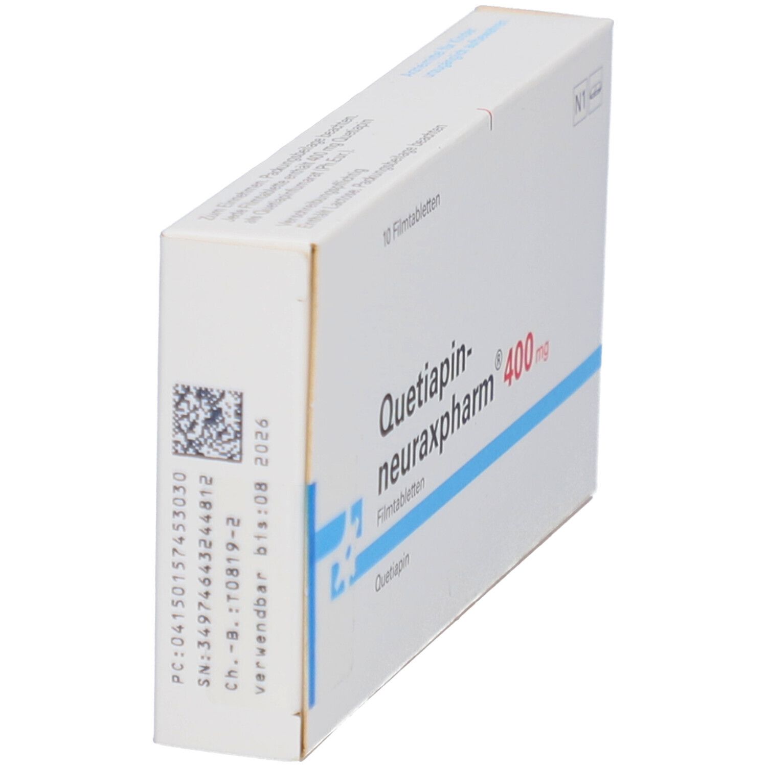Schachtel "Quetiapin-neuraxpharm 400 mg Filmtabletten". Seitenansicht mit Chargennummer und Verfallsdatum. Weiße Schachtel.