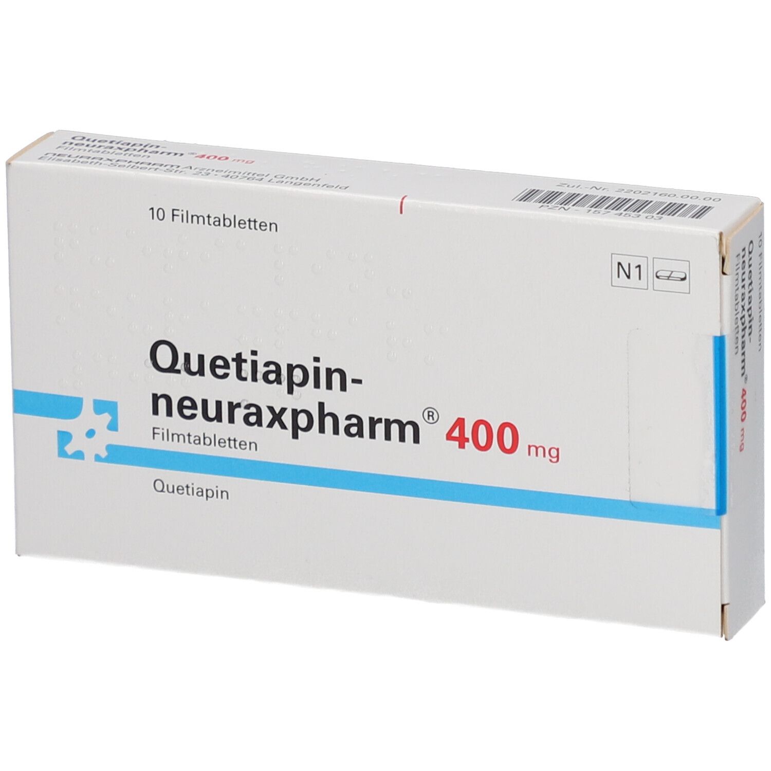 Schachtel "Quetiapin-neuraxpharm 400 mg Filmtabletten". 10 Tabletten. Blaue und rote Schrift auf weißem Hintergrund.